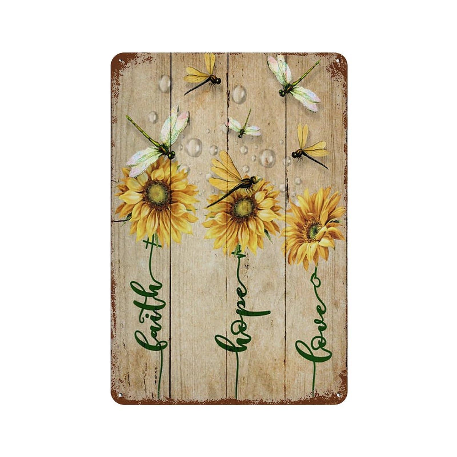 xiaoxiaoshen Sunflowers Dragonfly Faith Hope Love Wall Decor Art Metal Tin Poster Modern Home Decor Art Home Bar Shop Decorations Vintage Sign 30x20cm