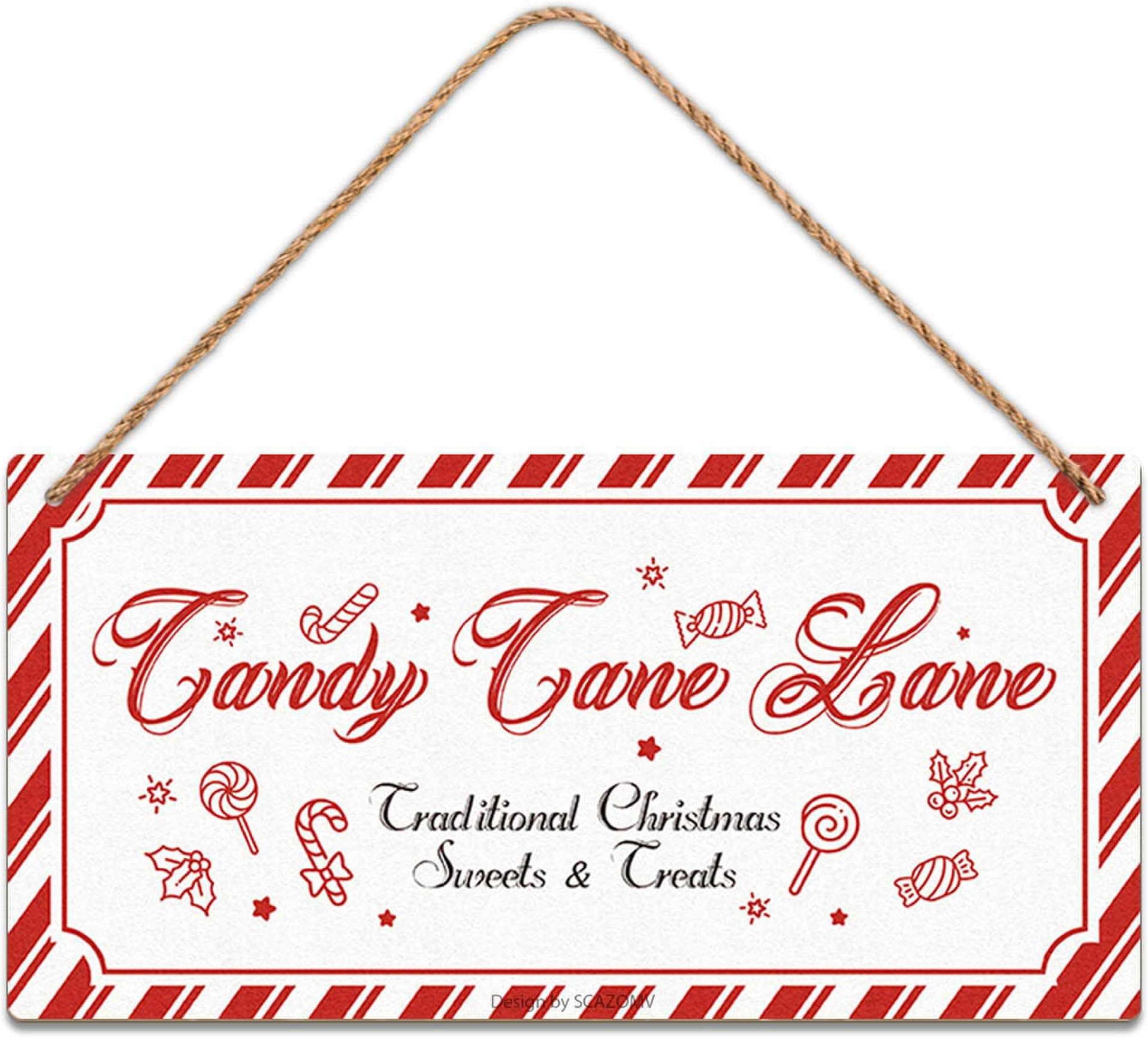 SCAZOMV Candy Cane Lane Christmas Wood Signs Wall Art Decor for Home Kitchen Coffee Bar Porch Yard Front Door 10"x5" Wooden Hanging Plaque Decorations