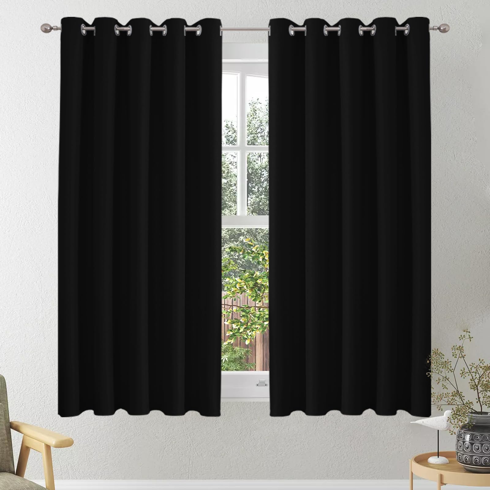 VEHEDE Blackout Curtains 66x54 Inch Thermal Insulated Eyelet Soft Drapes for Bedroom Wide Curtain for Living Room Black 2 Panels