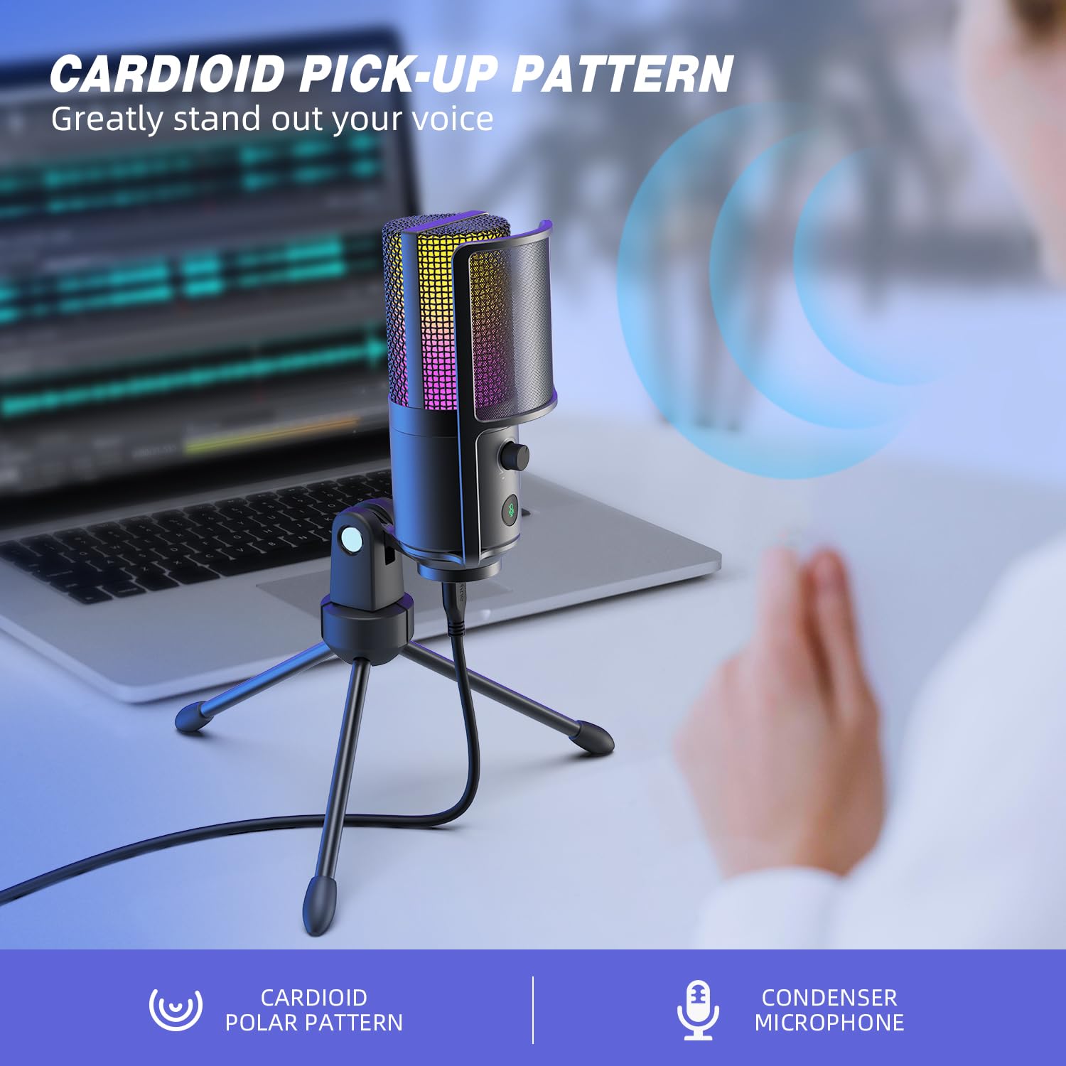 Diagram illustrating the cardioid pickup pattern of the FIFINE K669PRO2 microphone, showing sound being captured primarily from the front.