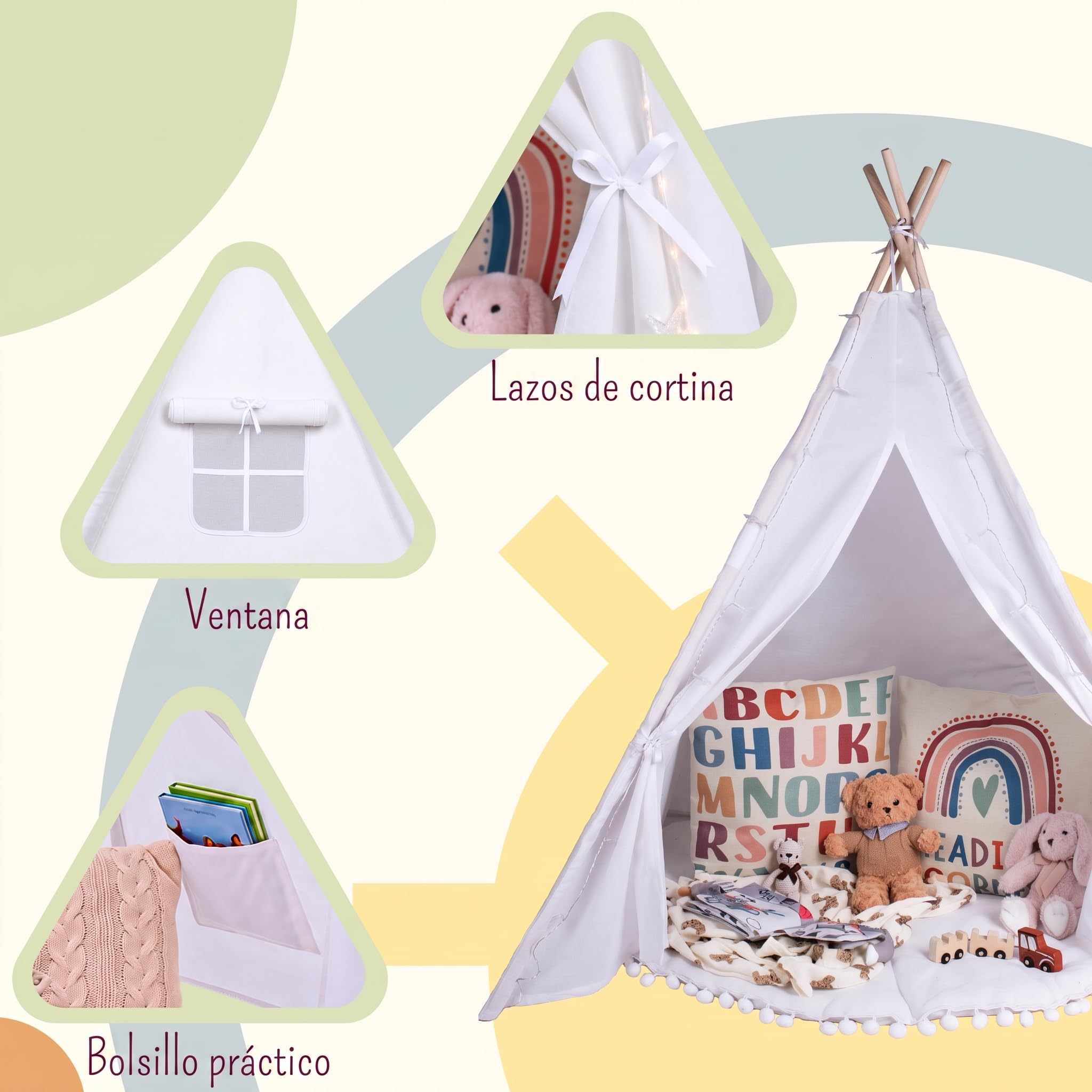 Tienda tipi para niños en blanco marfil | Tienda de juego/tienda inflable blanca para niñas y niños 140 x 120 cm en lona de algodón, con guirnalda de 3 metros de luces en forma de estrella y