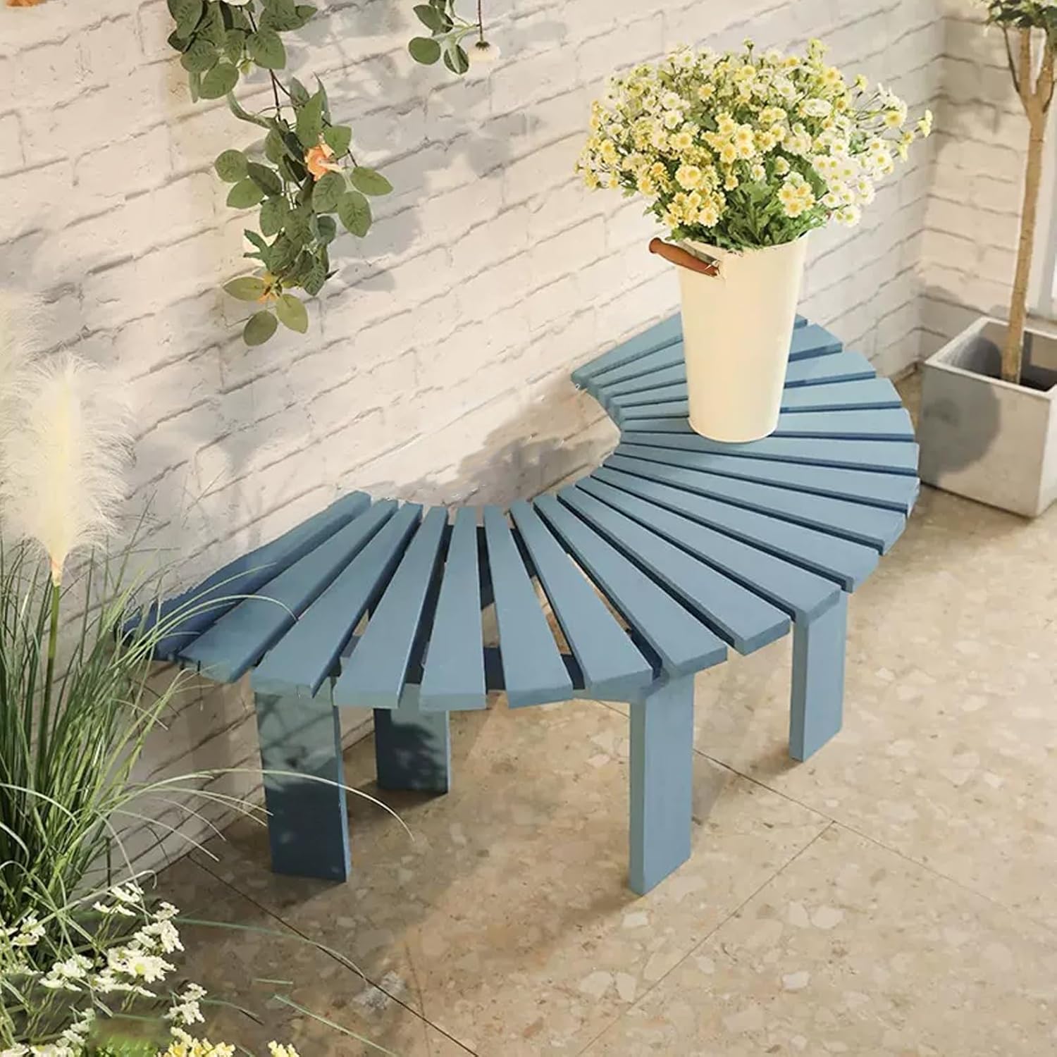 Garden Bench Solid Wood, Semi-Circular Park Tree Bench, Outdoor Benches, Weatherproof, Retro Backyard Park Furniture,Patio Bench, for Yard, Patio, Deck, Lawn(Color:Blue)