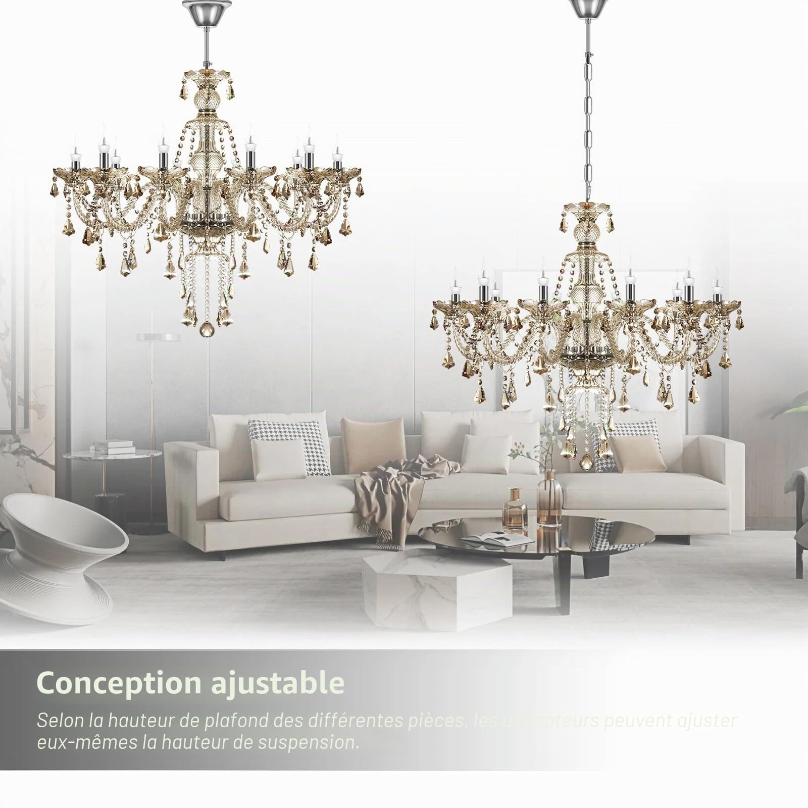 Lustre moderne à 10 ampoules en cristal K9, couleurs cognac, suspension en bougie, éclairage de plafond élégant pour salle à manger, salon, chambre à coucher et accessoires de maison
