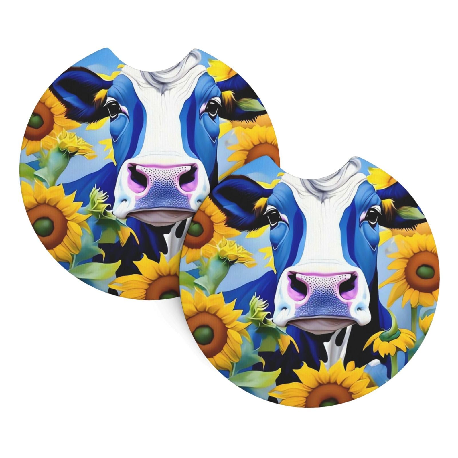 2 Pack Car Coaster for Cup Holders Cow with Sunflowers in Blue Car Cup Coaster 2.7" Neoprene Non-Slip Automotive Cup Mat Universal Auto Car Interior Accessories for Women Men Cup Pad
