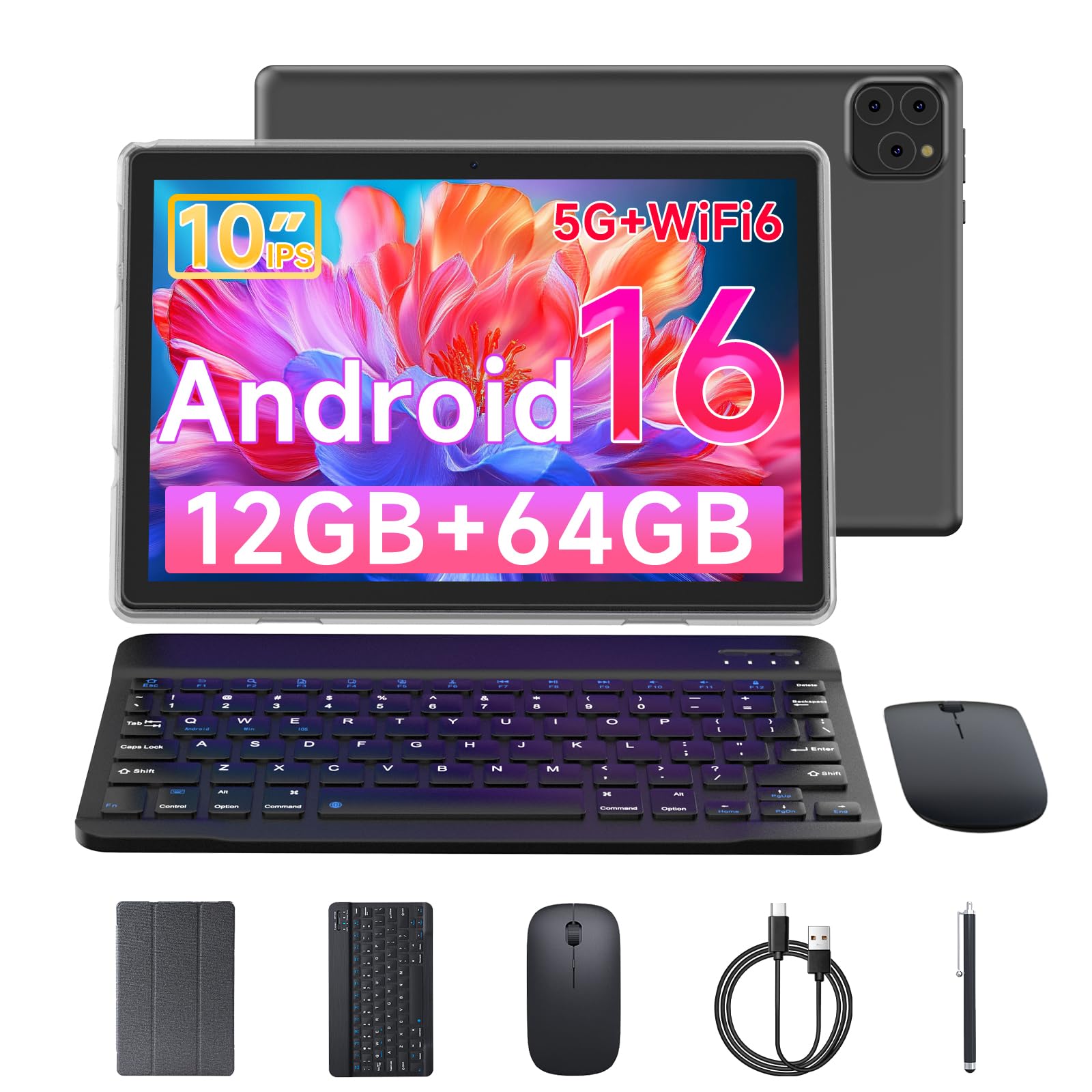 Tablet Android 15 10 Inch 12GB RAM+64GB ROM/ 1TB Expandable Tablet, 1280 * 800 HD Touch Screen, 5G WiFi6 BT 5.0, 2 in 1 Tablets with Keyboard Case Mouse Stylus (Black)-image-38