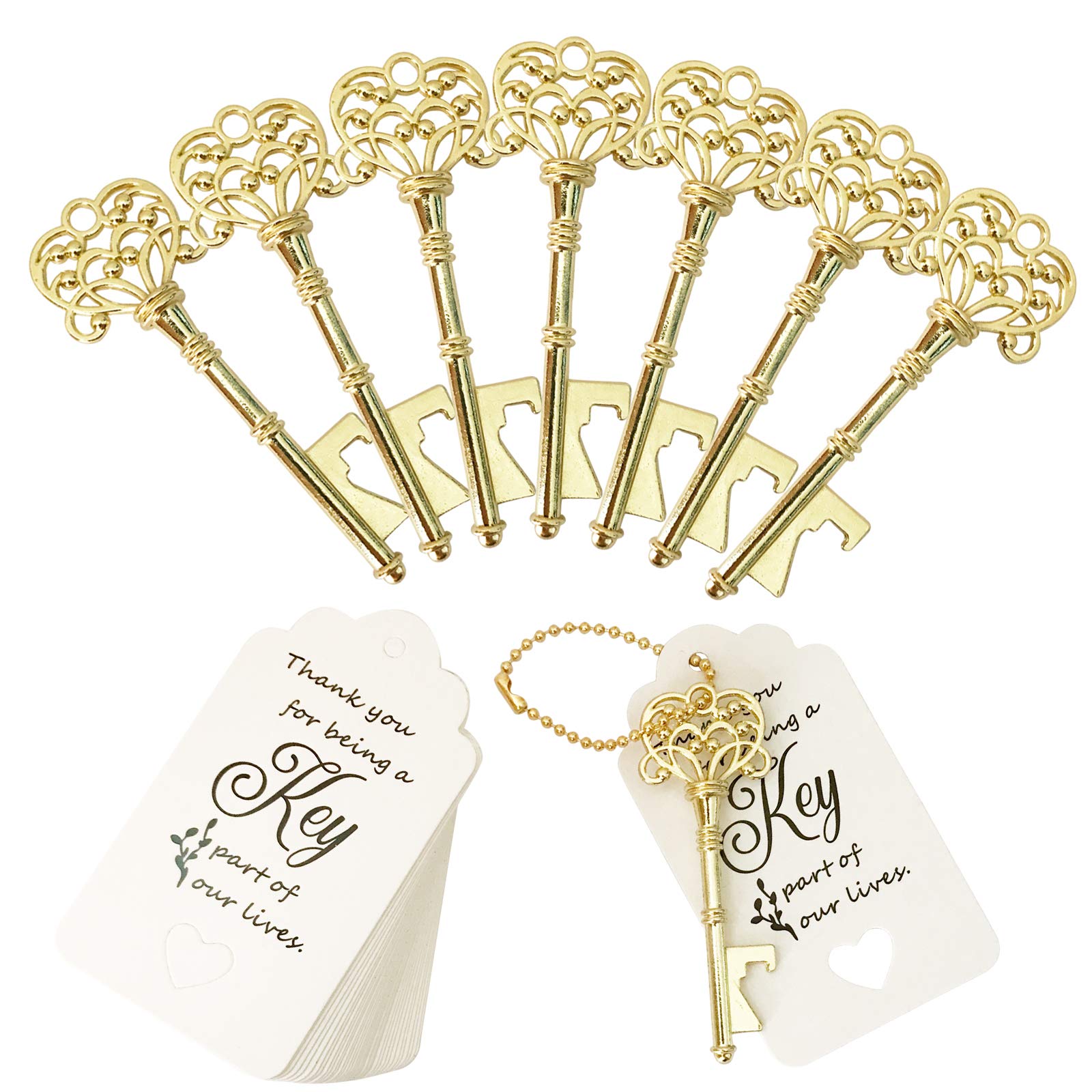 100 PCS Key Bottle Openers,Vintage Skeleton Key Bottle Opener,Wedding Favors Bottle Opener with Tag Cards and Key Chains(Gold)