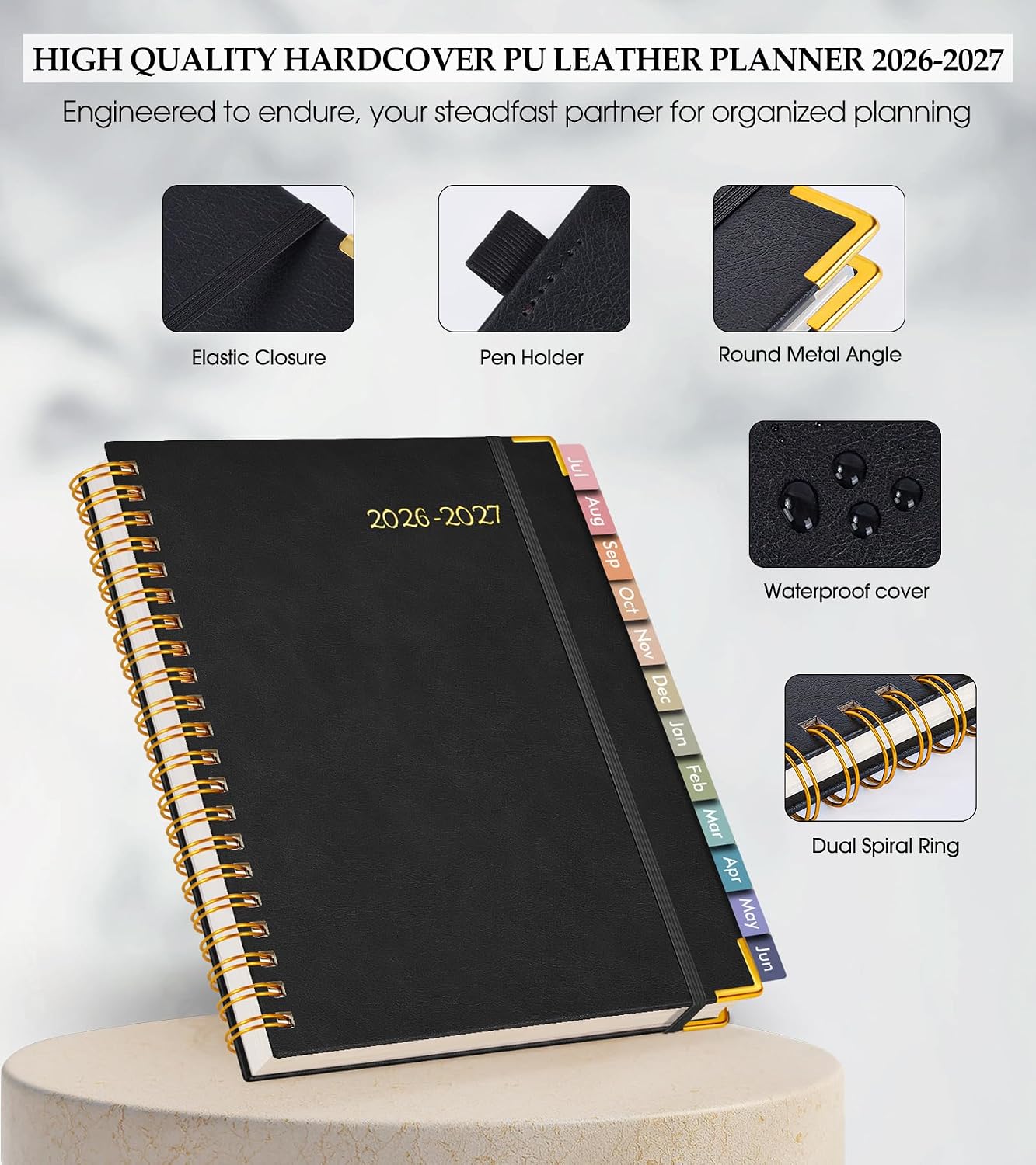 Academic Planner 2026-2027, Hardcover Leather Weekly and Monthly Calendar Planner from July 2026 - June 2027, A5 6.1" x 8.2" Daily Agenda with Tabs, College School Organizer for Student Teacher, Black image 4