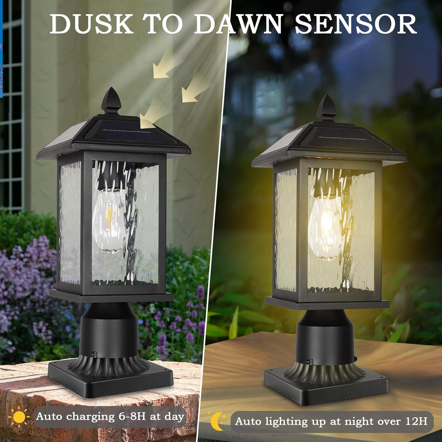 Solar Outdoor Post Light Fixture，Dusk to Dawn Modern Exterior Pillar Lantern with Black Finish & Water Ripple Glass，Waterproof Outside Pole Light for Garden, Backyard, Courtyard