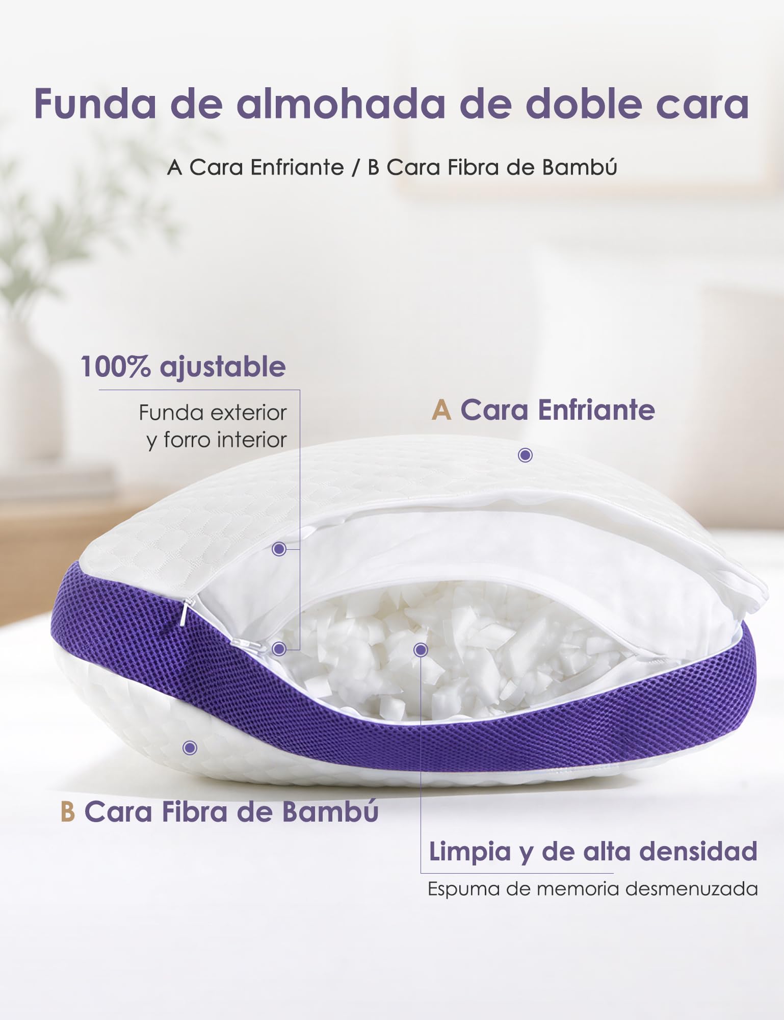 DWR Cuscino 50x75 cm (Set di 1), Riempimento in Memory Foam, Cuscino Regolabile in Altezza con Cerniera, Cuscino Ergonomico e Traspirante per Cervicale, Federa Rimovibile e Lavabile