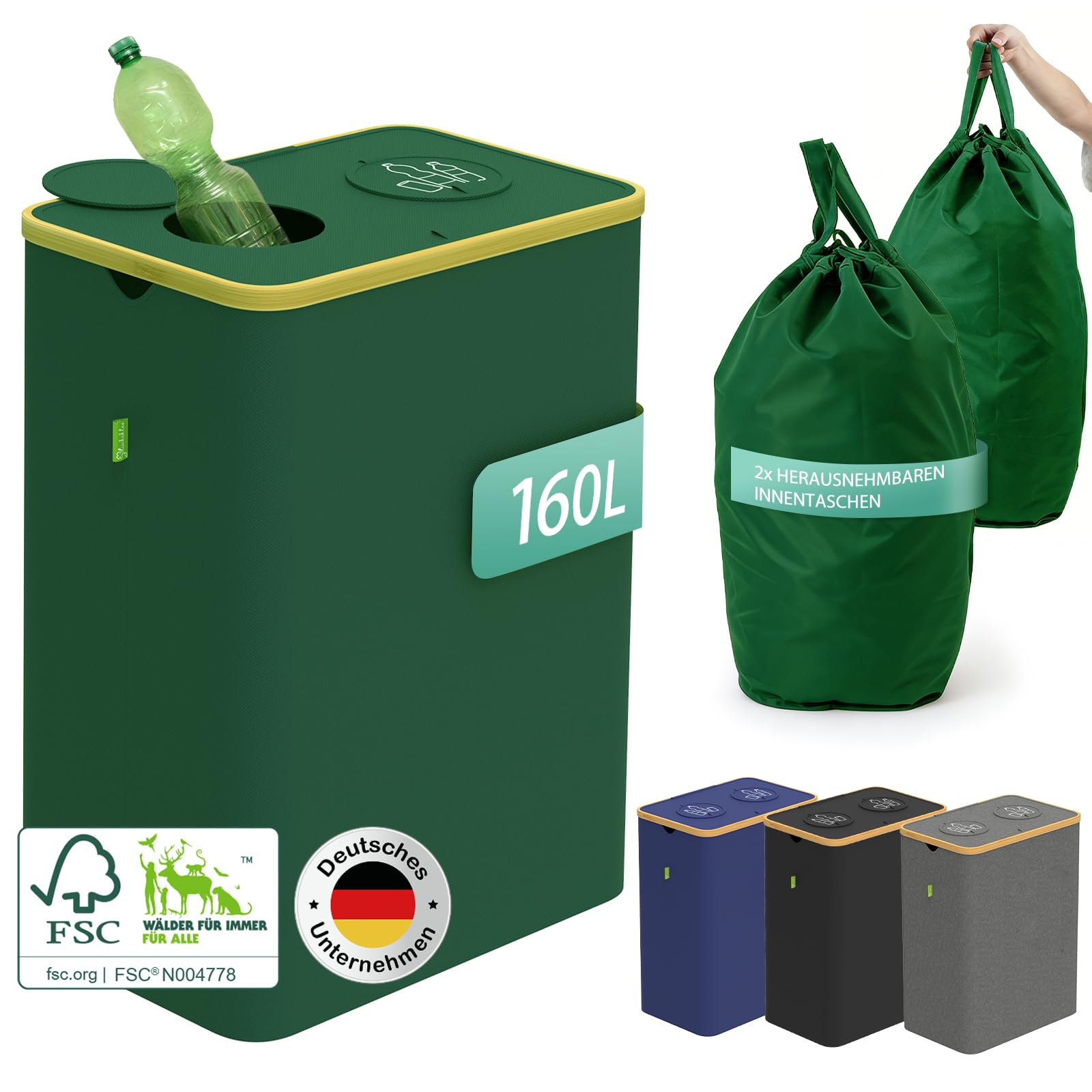 Glücksklee Pfandflaschen Sammelbehälter 160L mit zwei Fächern und FSC-zertifiziertem Bambus (Grün)