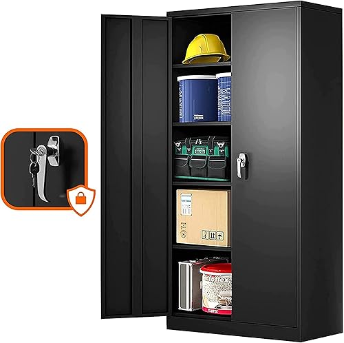 Aobabo Gabinete de almacenamiento de metal para garaje, armario de almacenamiento de metal con cerradura de 71 pulgadas con 2 puertas y 4 estantes