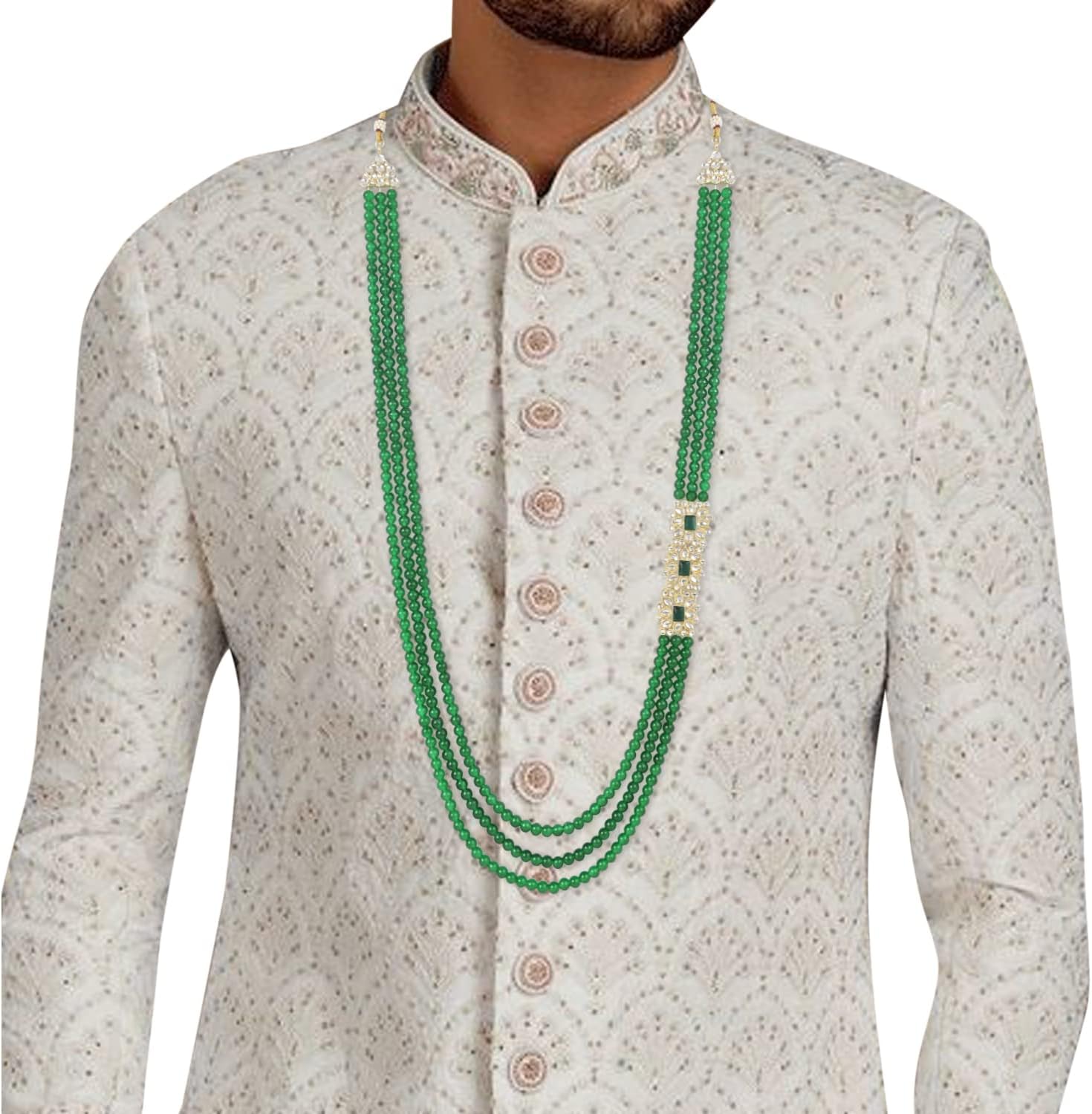I Jewels Indian Wedding Bollywood 3 Layered Gold Plated Dulha Moti Mala Long Groom Necklace/Mala For Men (MLP52G)