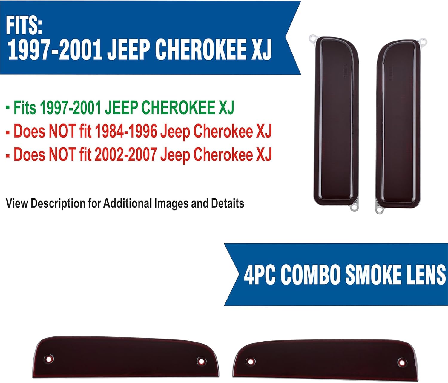 Fits for Jeep 97-01 XJ Signal Lights - Combo Red Smoke Bumper Turn Signal + Corner Side Marker Lamps Set (Left + Right) Compatible Cherokee XJ Chassis (4 Pieces)