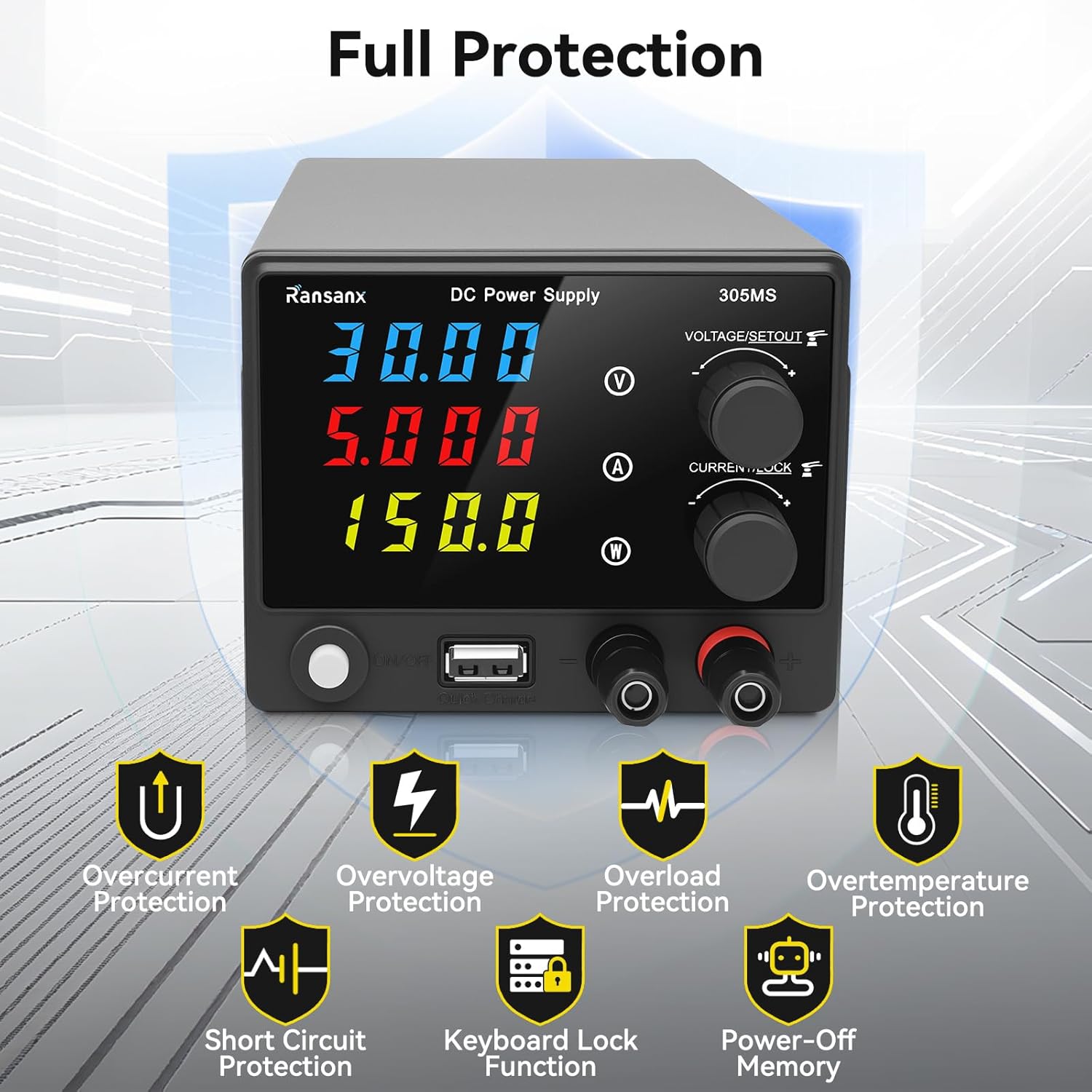 DC Power Supply Variable 30V 5A Adjustable DC Regulated Lab Bench Power Supply with 4-Digit LED Display, 18W USB Fast Charging Port, Adjustment Knob, Output Switch, Protection Function