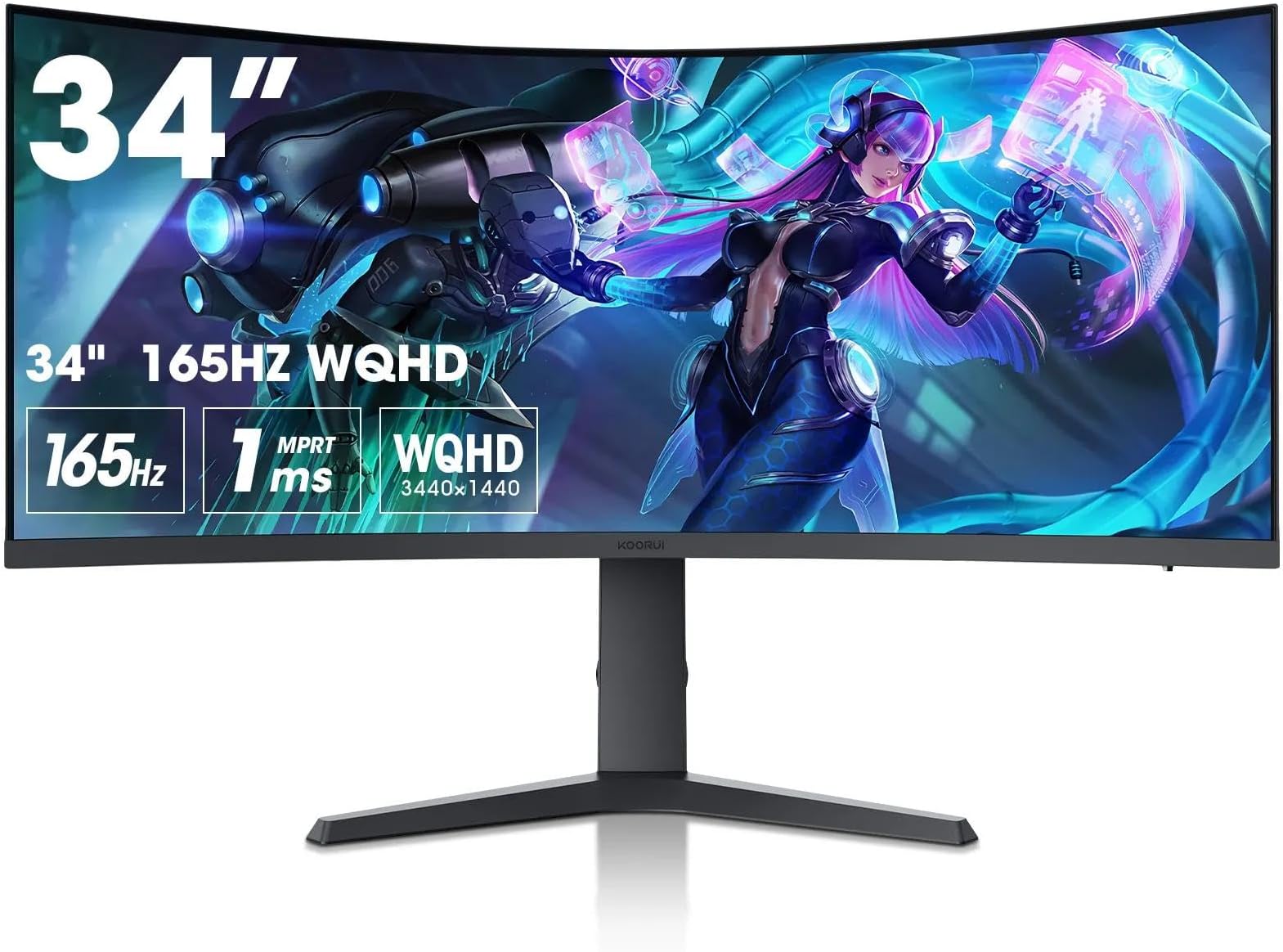 KOORUI 21:9 WQHD 3440 * 1440 4K ๏ผHDR 400๏ผ34 Inch 1800R Curved Gaming Monitor, 165Hz MPRT 1MS (AMD FreeSync Premium Nvidia G-SYNC) Hdmi DP 90% DCI-P3 OSD Roker Computer Gamer Monitors