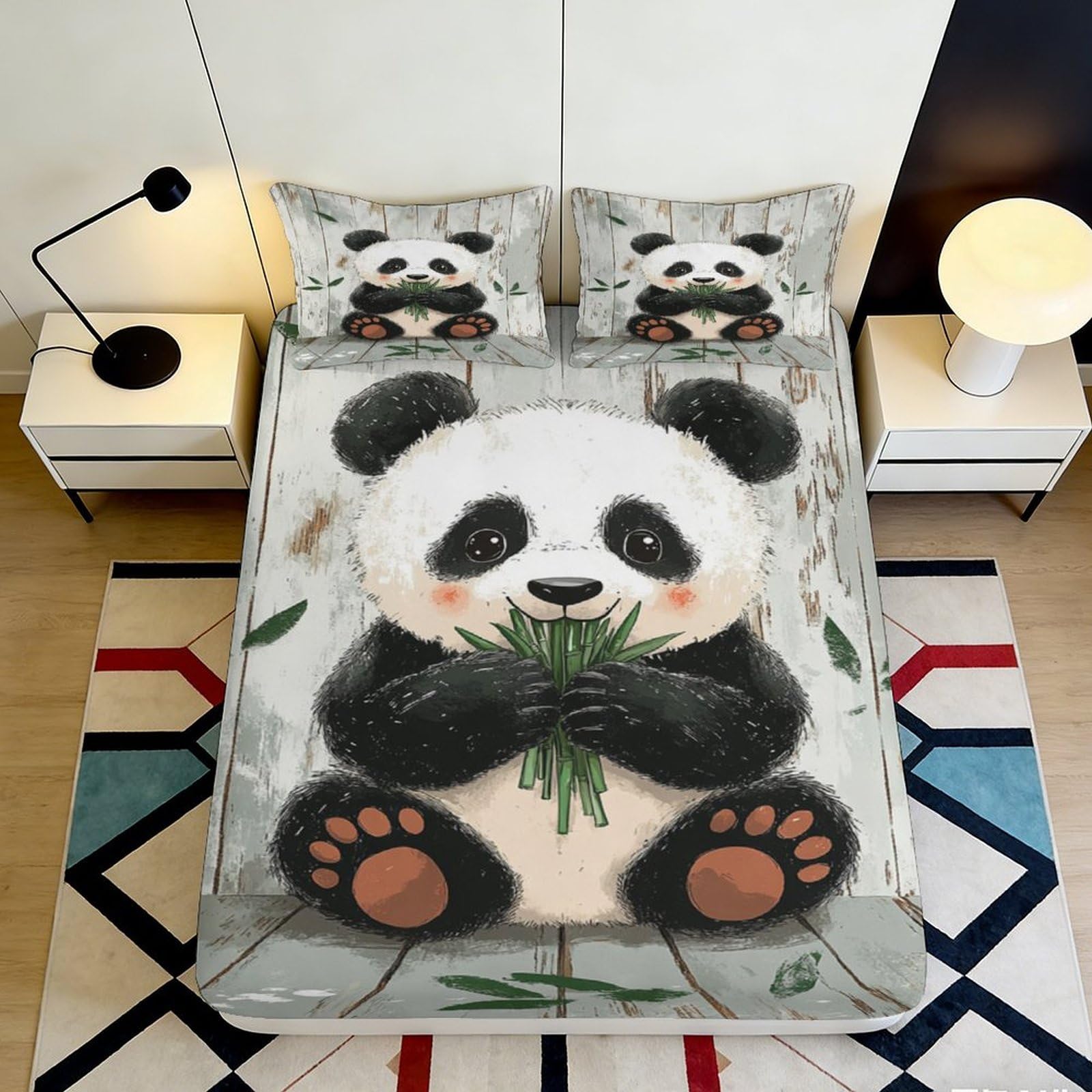 3D Printed Cute Panda Fitted Sheet Microfiber Soft Breathable Bamboo Leaves Mattress Cover for Bedroom Decor 90x200x25cm