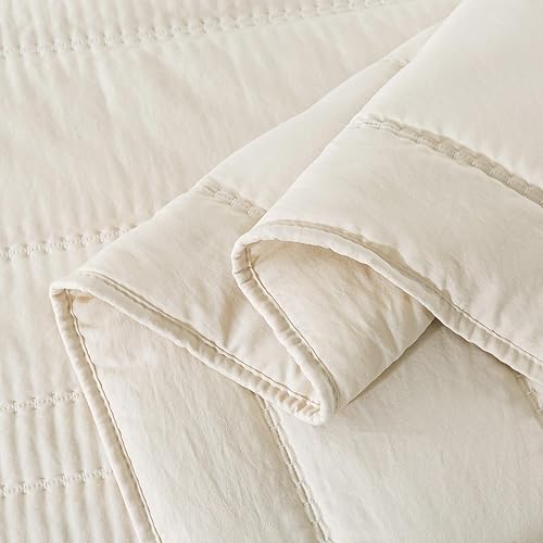 Miniatura 5 de HIARUO Colchas tamaño King, colcha a rayas (104 x 90 pulgadas) con 2 fundas de almohada (20 x 36 pulgadas) para todas las estaciones, beigeblanco