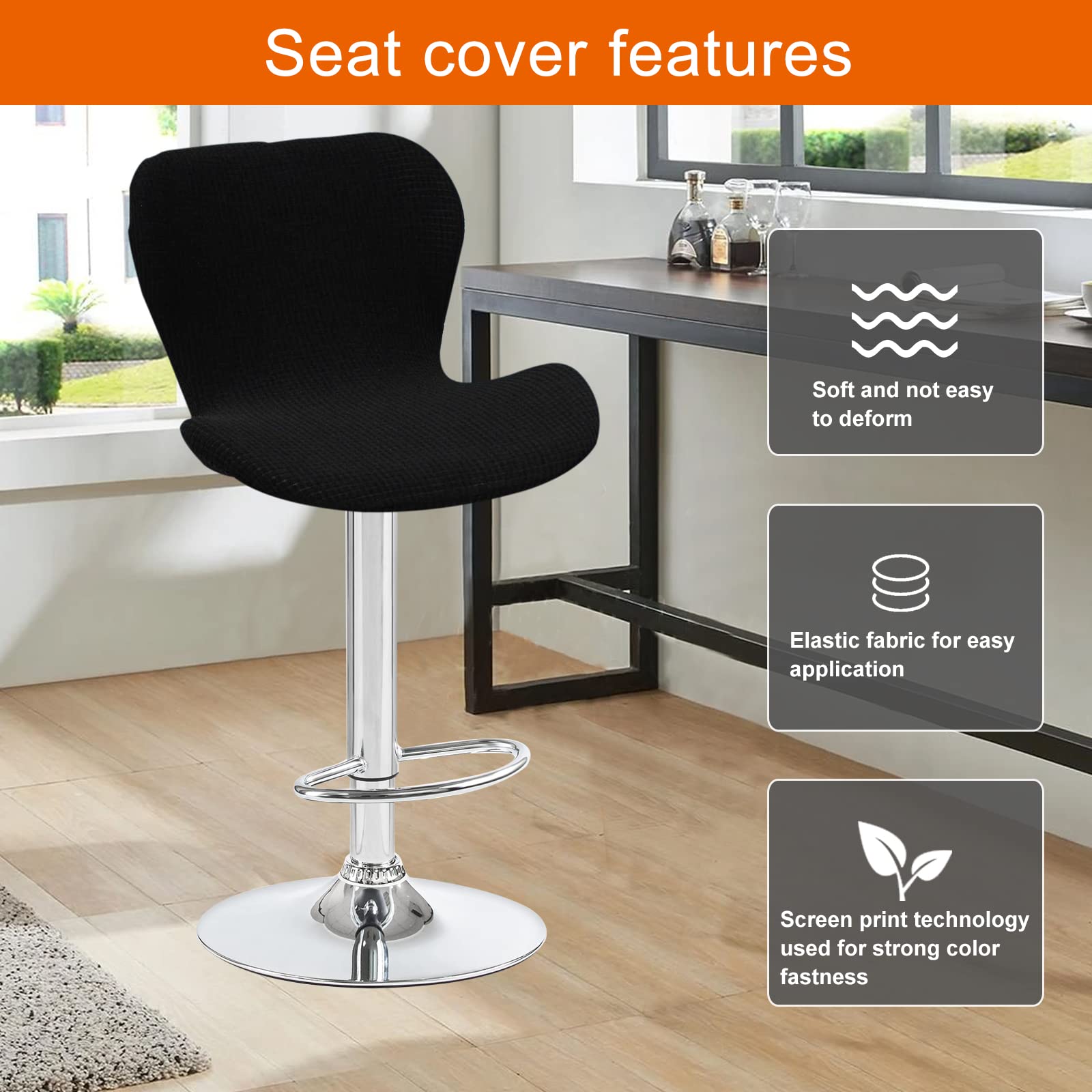 IGTOPS Housses De Tabouret De Bar Avec Dossier - Housses Siège Élastiques Noires Pour Chaise Pivotante Courte - Protection Élégante