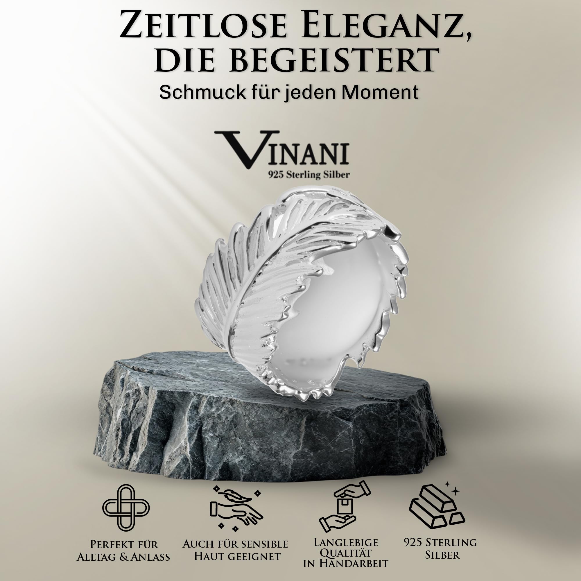 Vinani Ring aus 925 Sterling Silber - Massiver Damenring mit Feder im Arizona Design glänzend für Frauen, nickelfrei & antiallergisch, Designed in Deutschland, RFE