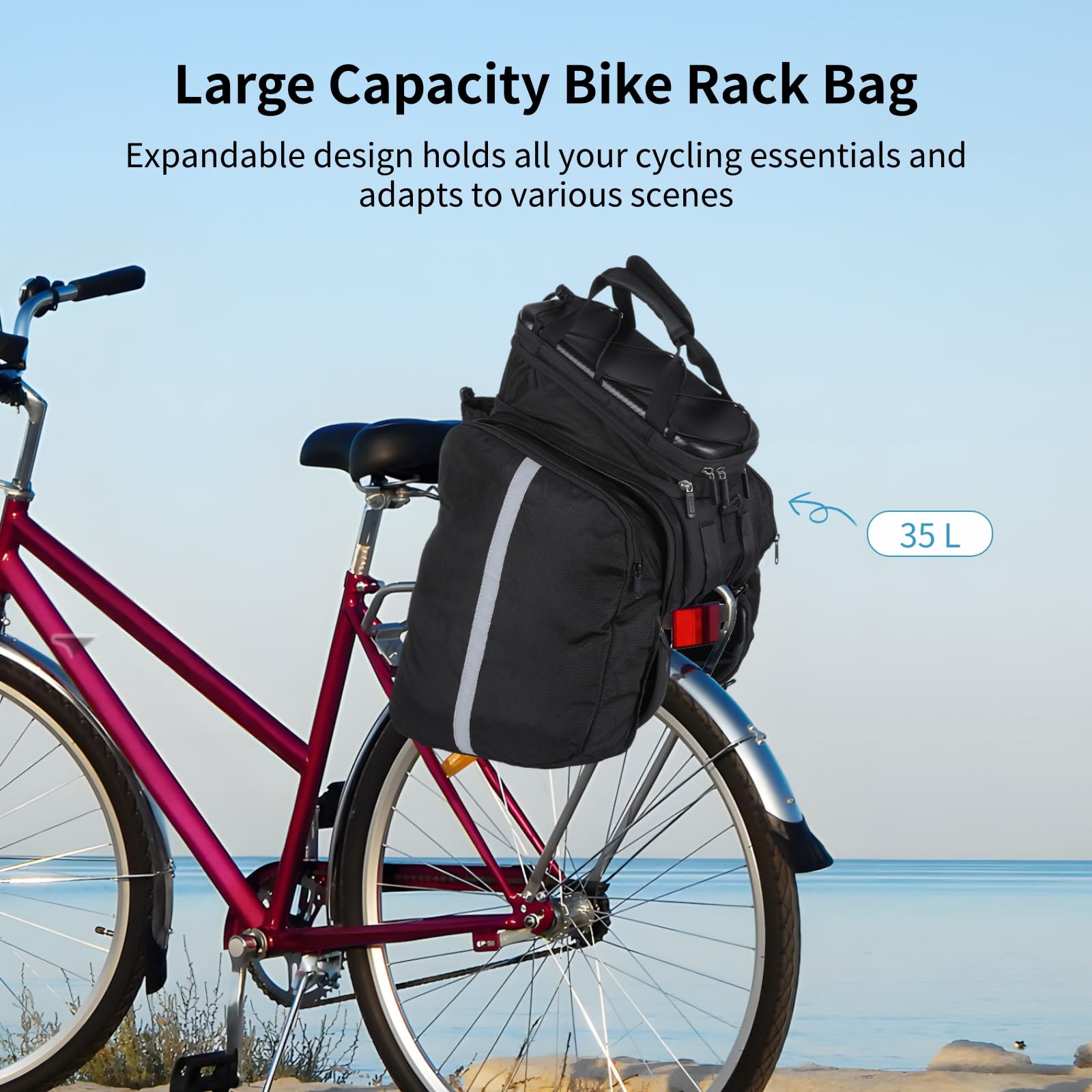 Bosreroy 17L To 35L Expandable Rear Rack Bag, Pannier Saddle Seat Carrier With Shoulder Strap & Rain Cover, Large Capacity For Cycling, Night Safety Features