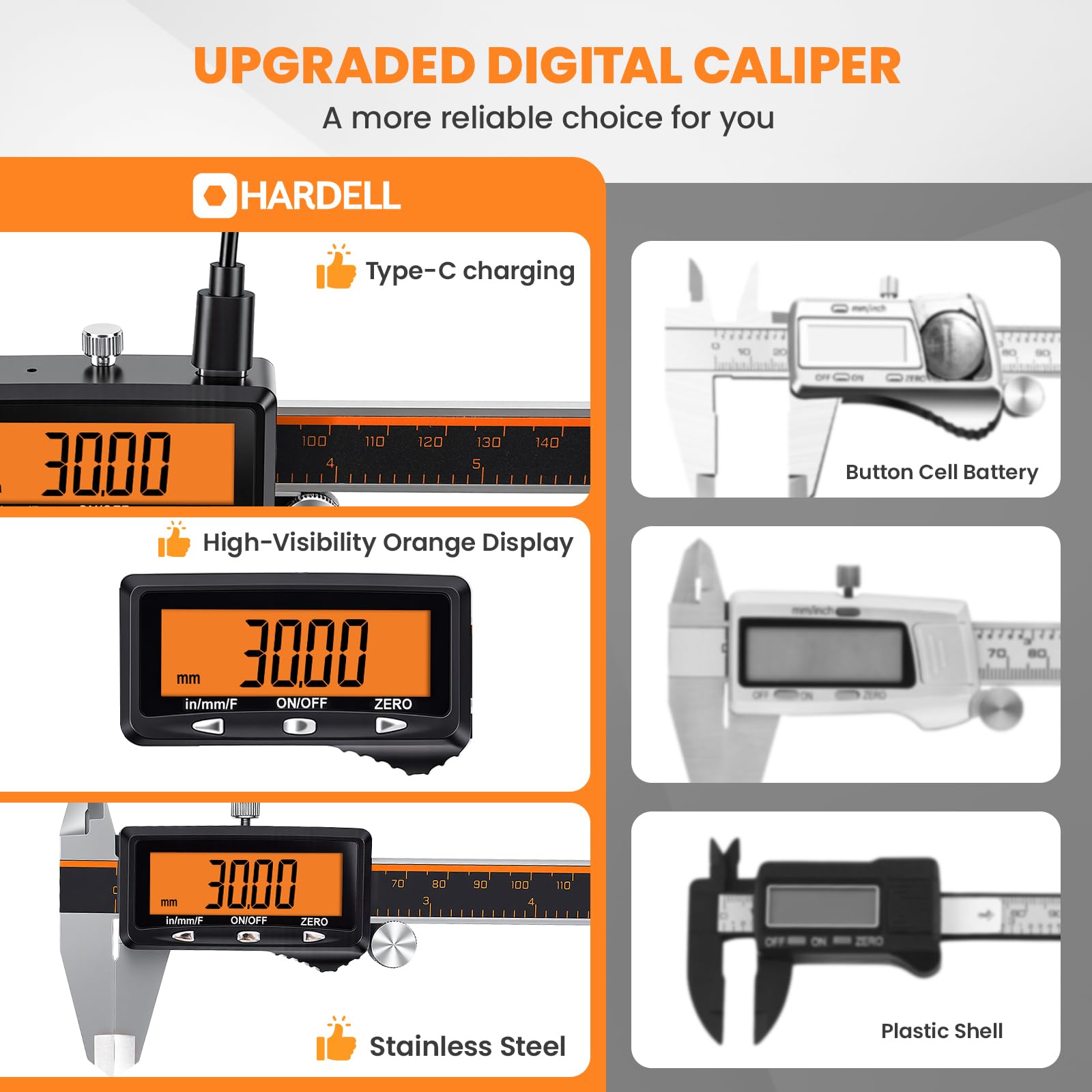HARDELL Pied à coulisse numérique, outil de mesure rechargeable avec grand écran orange, micromètre numérique en acier inoxydable avec fonction d’arrêt automatique - pouces/mm/fraction pour bricolage