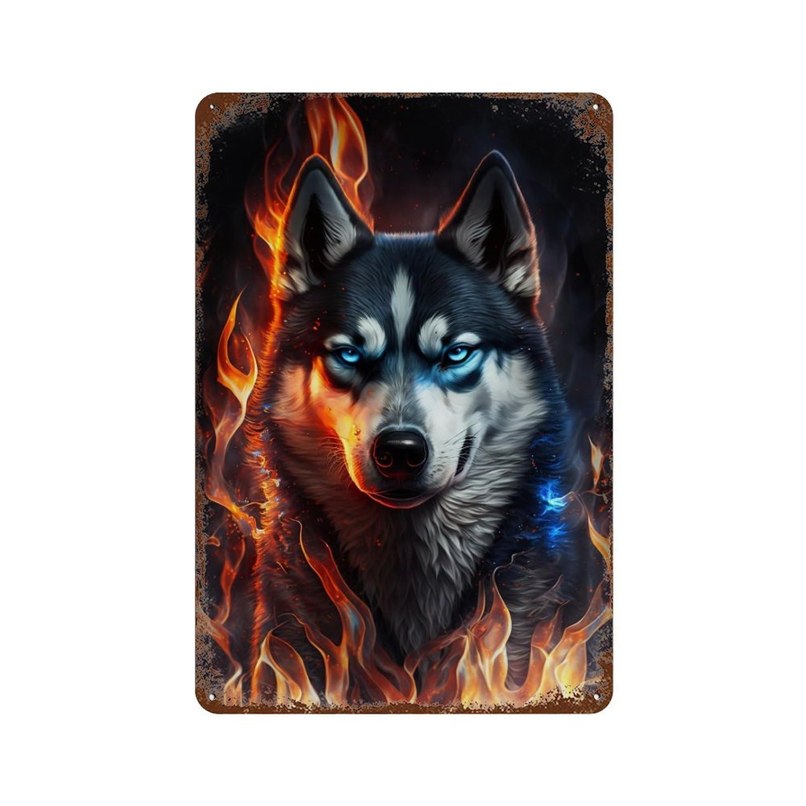Flaming Wolf Art Print -1 11.8"x7.9" Aged Metal Wall Plaque, Vintage Wall Decor for Bistro, Counter And Cafe Decor