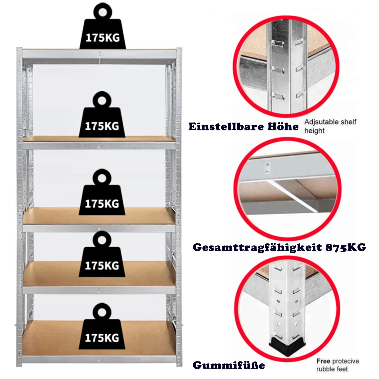 VickyHome 5 Ablagen Regal Lagerregal, 170x75x30CM Kellerregal Steckregal Metall Werkstattregal für Werkstatt, Garage und Keller, 875kg Traglast, 5 Böden, Silber
