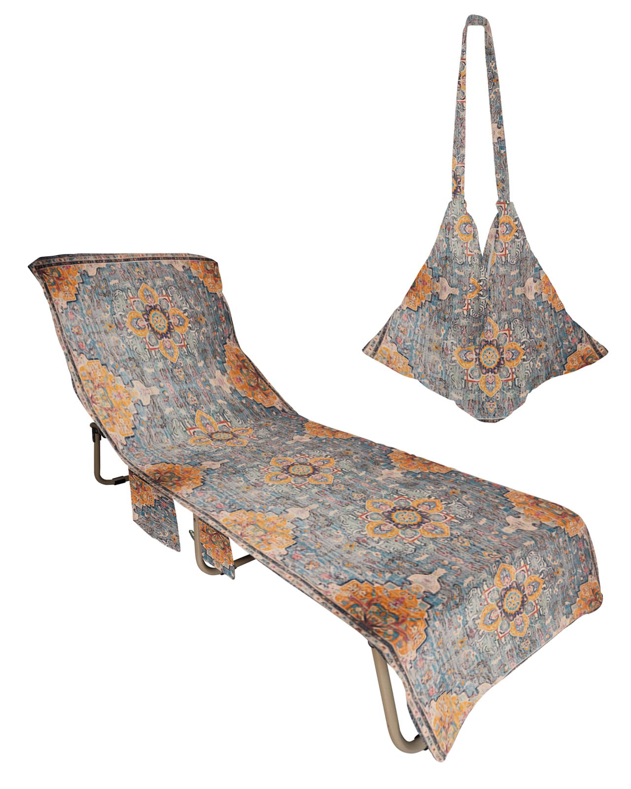 Vintage Blue Orange Beach Lounge Chair Towel Cover, Soft Chaise Lounge Towel with Side Pockets Patio Pool Chairs Cover for Beach/Pool Sunbathing 29x85 Ethnic Middle Century Geometric Abstract