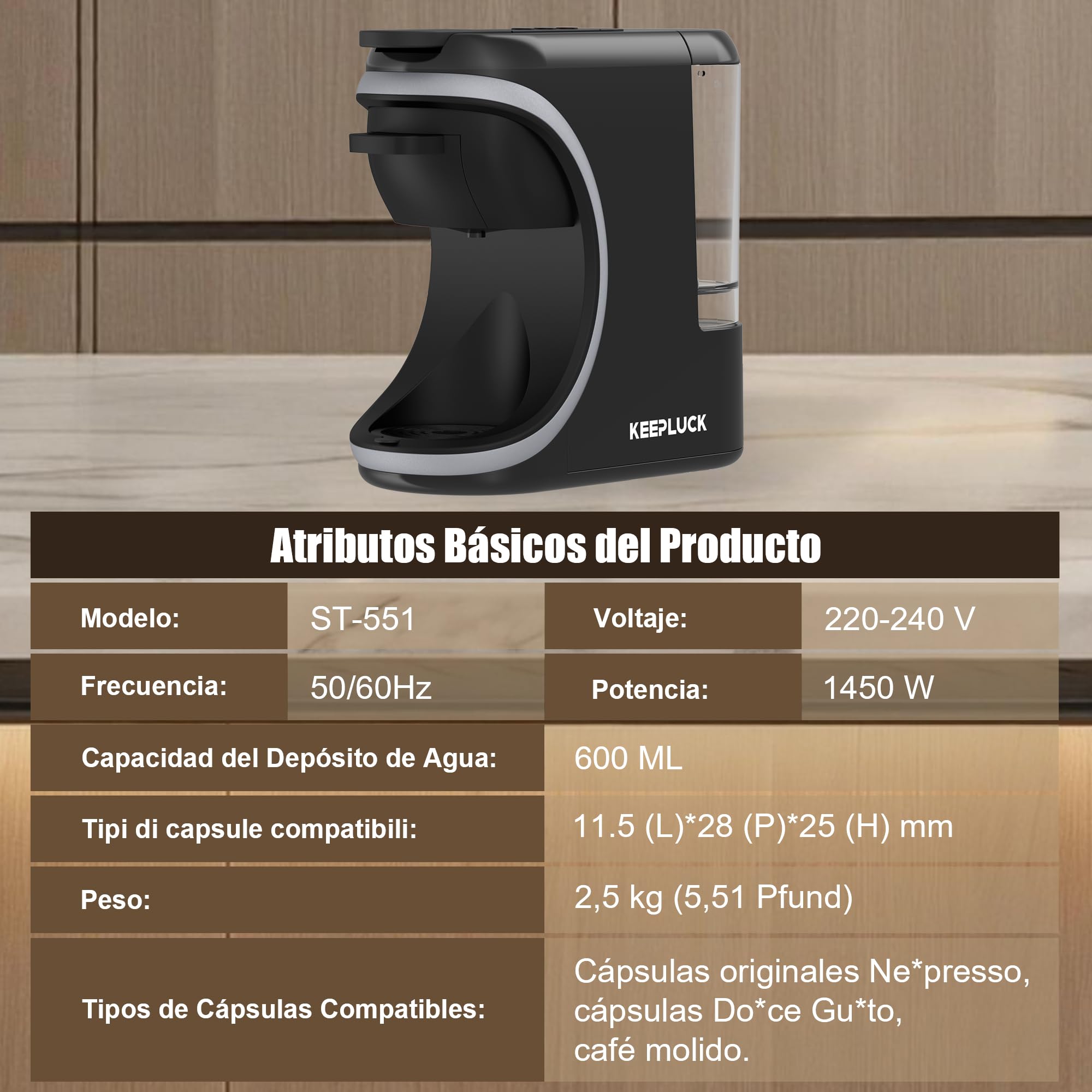 Cafetera de cápsulas 3 en 1 para Nespresso Original/para Dolce Gusto/polvo, compacta y ahorra espacio, 600 ml (ST-551)