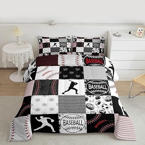 Miniatura 2 de Erosebridal Juego de edredón de béisbol para niños, tamaño King, juego de ropa de cama de sóftbol, edredón acolchado para juegos deportivos para