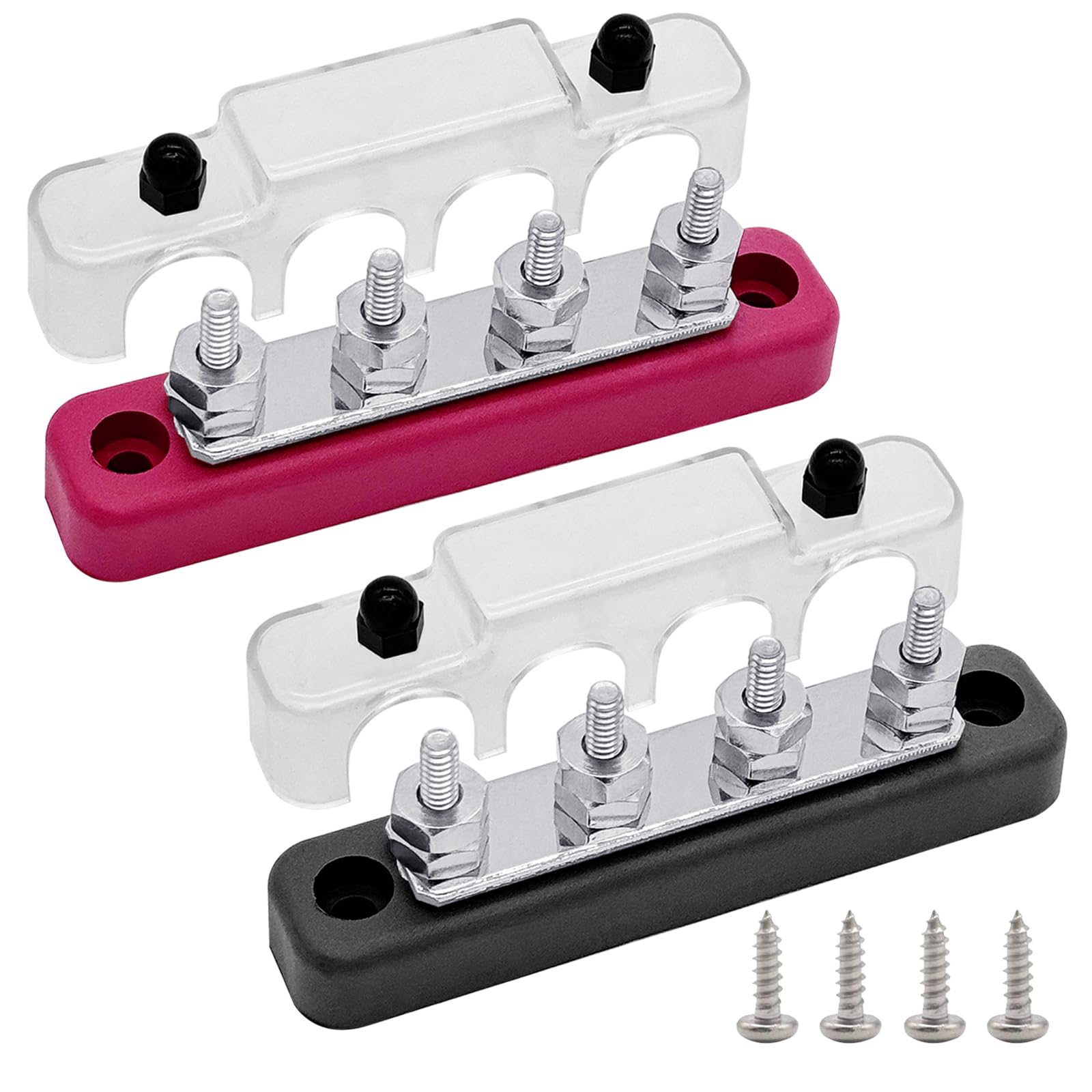 4 x #10 (M5) Studs Bus Bar, Ampper 4.2" Power/Ground Distribution Block Brass Battery BusBar Junction with Cover for Auto Boat Amplifier and More (Red & Black)