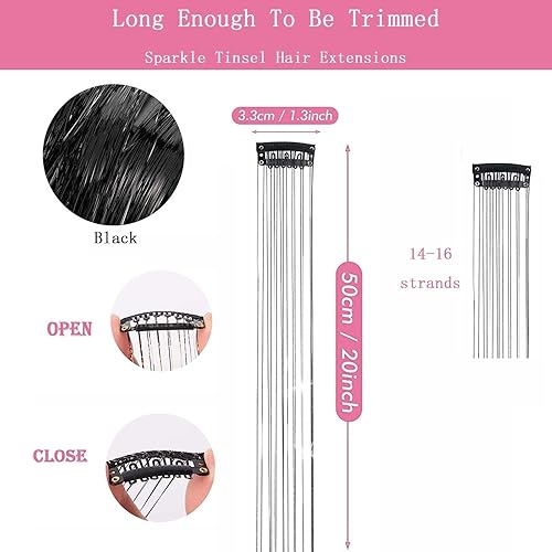 Miniatura 2 de Extensiones de cabello de oropel con clip, kit de oropel de cabello negro con purpurina para mujer, resistente al calor, 21.5 pulgadas, 6 piezas de