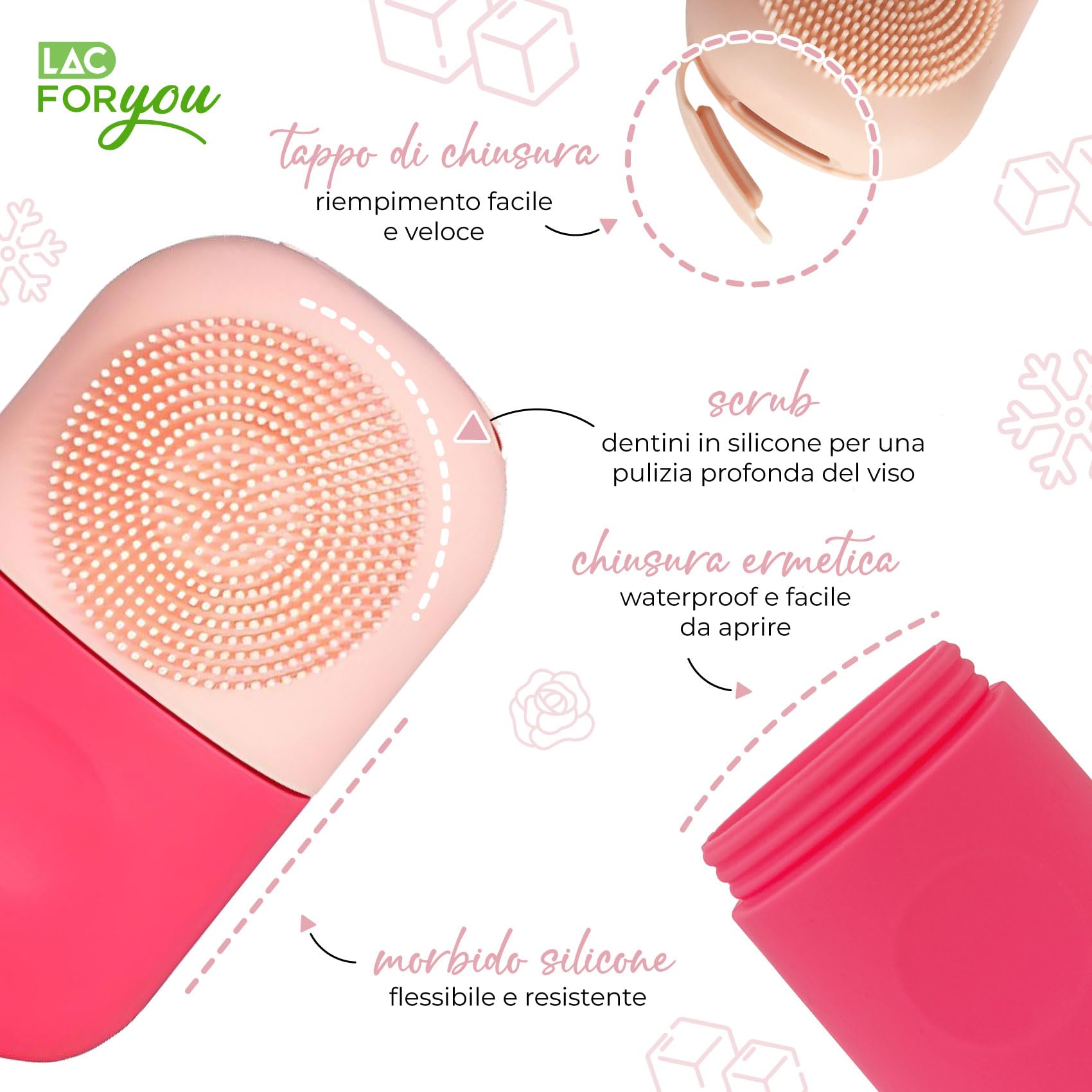 LAC FOR YOU Ice Roller Viso - Rullo Ghiaccio + Spazzola Pulizia Viso - Skincare Accessori per Ridurre il Gonfiore e Restringere i Pori