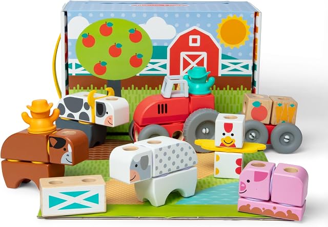 Melissa & Doug BlockablesTM Farm Snap and Play, Mix and Match Connectable Wooden Building Blocks Jeu de jeu de jeu pour les garçons et les filles préscolaires (56 Pcs) - FSC Certifié