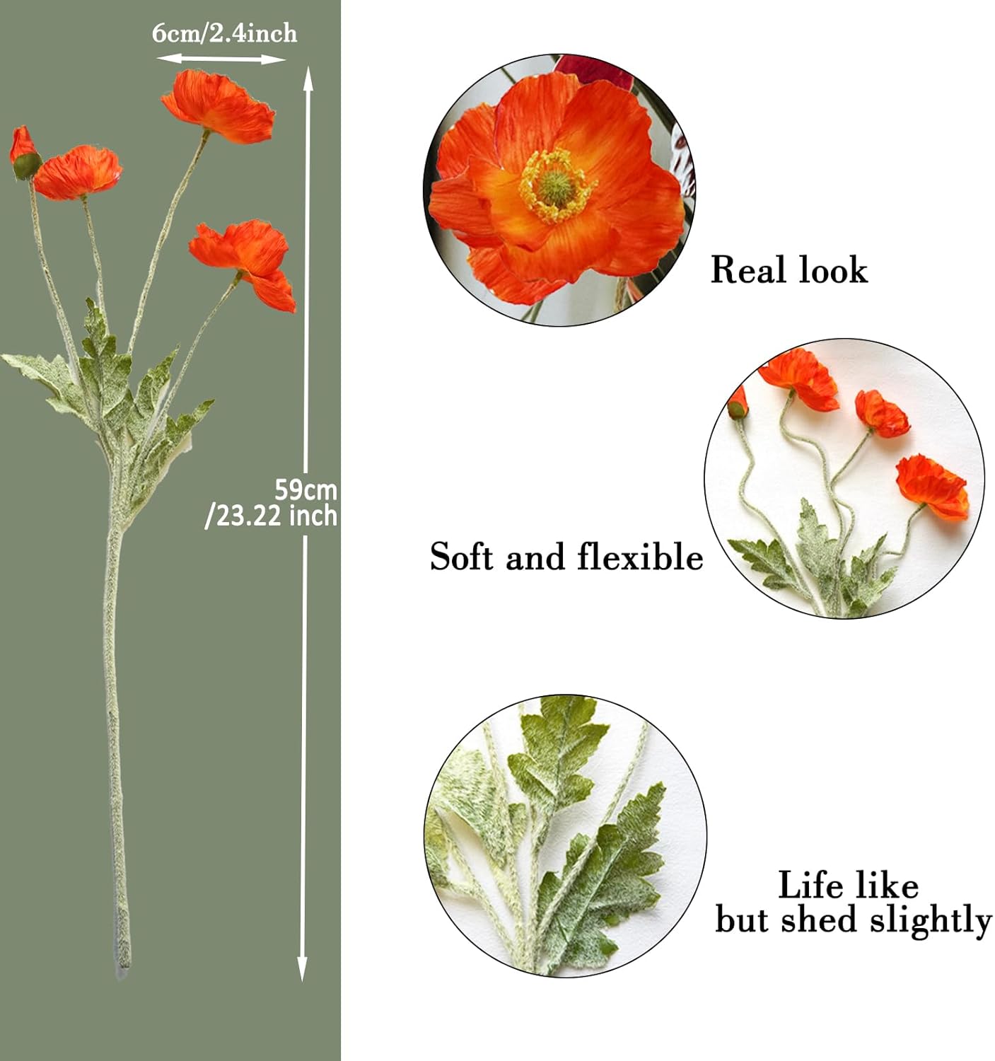 Artificial Flowers 5Pcs Poppies Flowers Artificial Silk Flowers for Home Office Wedding Outdoor Decor (Dark Orange) - Image 5