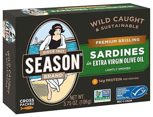 Season Sardinas enérgicas en aceite de oliva virgen extra, capturadas en la naturaleza, 0.45 onzas de proteína, bocadillos Keto, más Omega 3 que