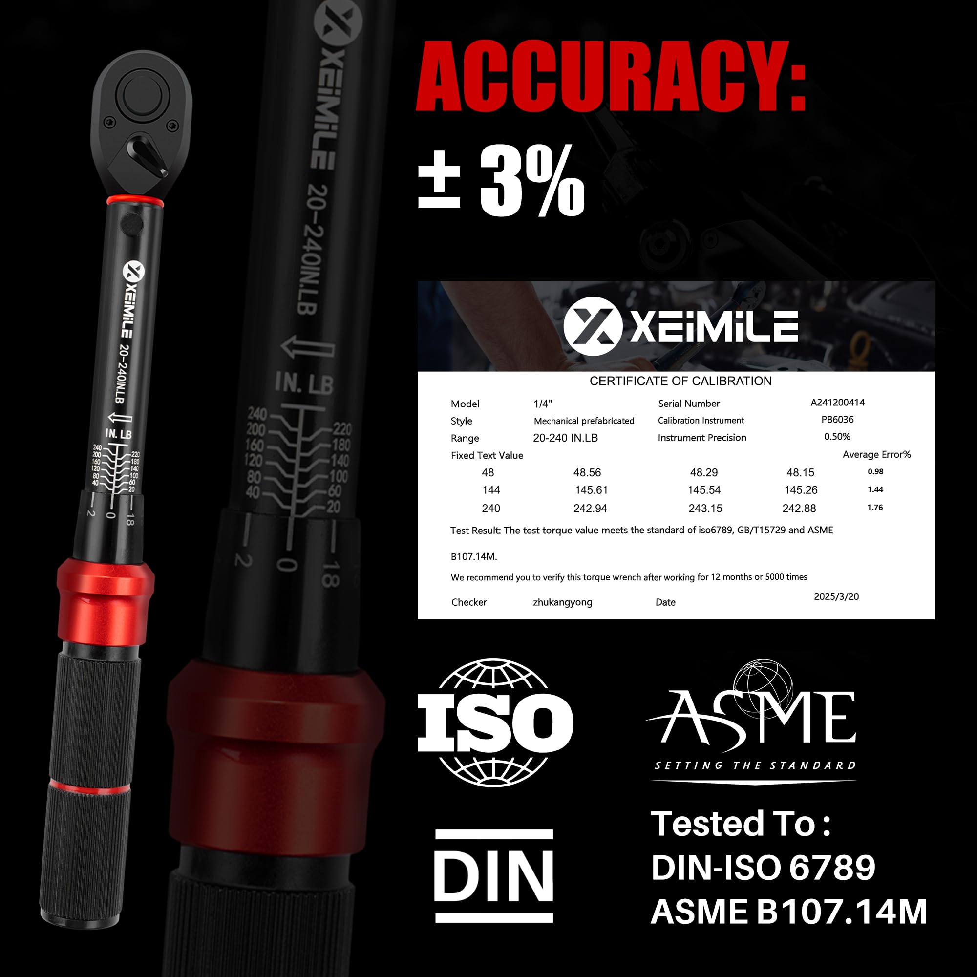 Llave dinamométrica de 1/4 pulgadas, 20-240 en Lb/2.3-27.1 Nm, llave dinamométrica ajustable de 72 dientes de doble dirección, con escalas de doble rango, alta precisión del 3% para reparación
