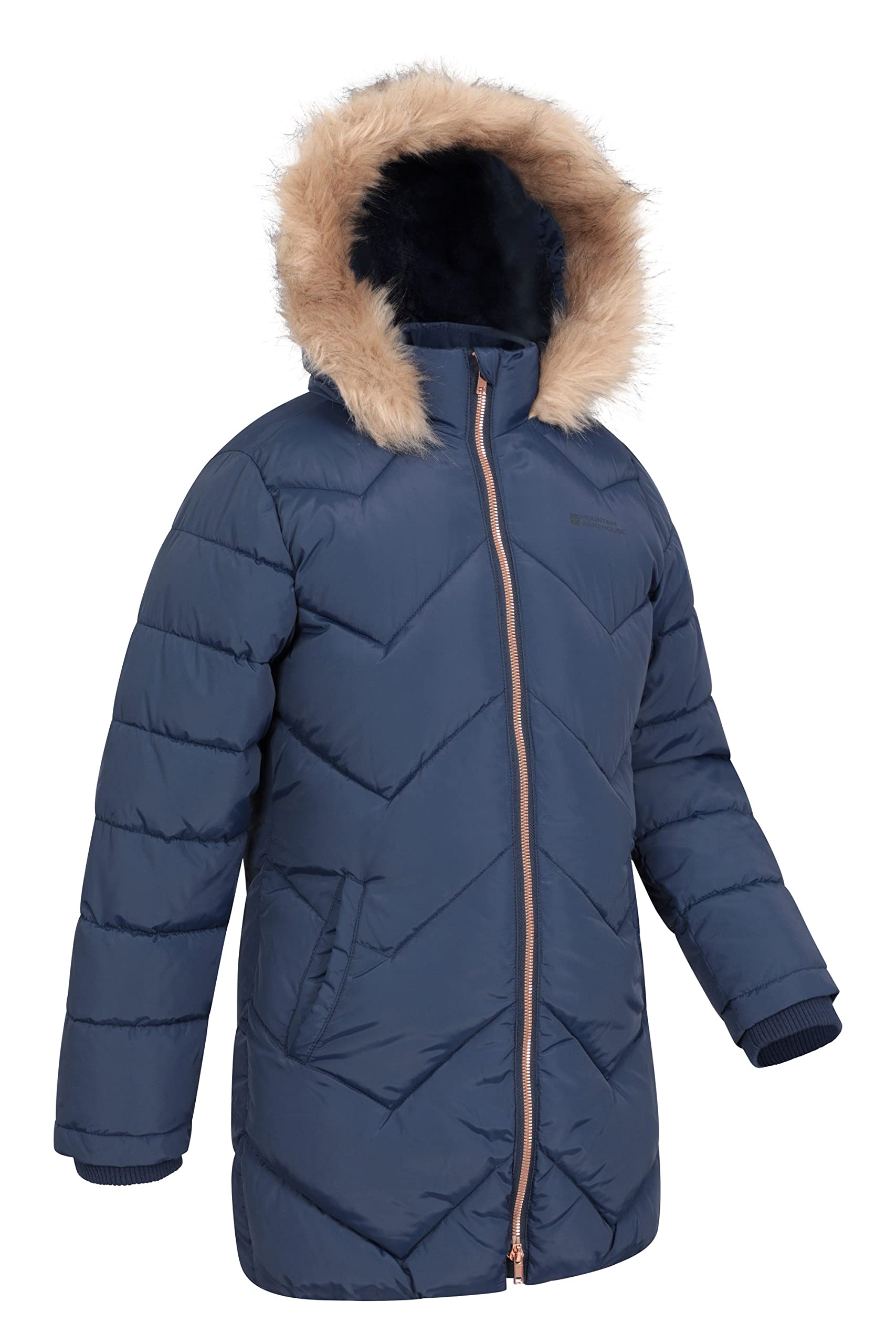 Mountain Warehouse Galaxy gefütterte, gepolsterte Fleece-Kinderjacke – wasserdichte Winter Steppjacke für Mädchen & Jungen, Kapuze aus Kunstfell, Longline