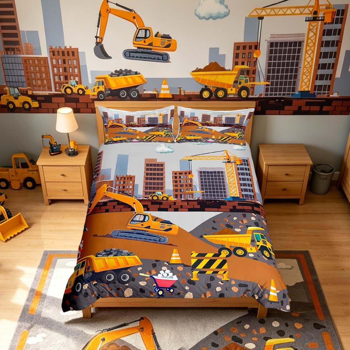 Homemissing Kids Excavator Duvet Cover Set King Size For Kids Boys Girls Construction Vehicles Bedding Set Equipment Trucks Duvet Cover with 2 Pillowcases Tractor Bedding