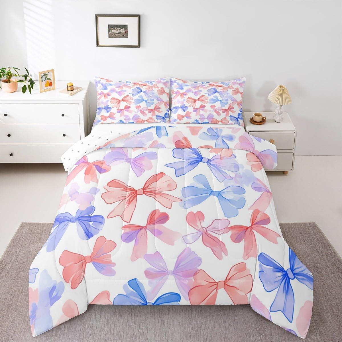 Erosebridal Bow Tie Comforter Set Toddler Size Watercolor Bedding Set for Kids Girls Women Girly Watercolor Fashion Comforter Modern Red Blue Aesthetic Quilt Bedroom Decor
