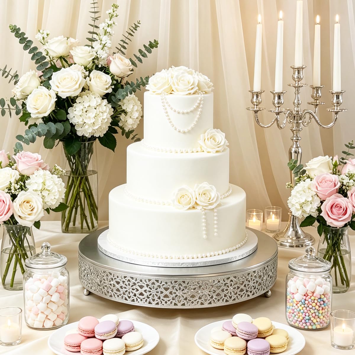 Okrągły metalowy stojak na babeczki, desery, ciasteczka, owoce, dekoracyjna taca do serwowania na ślub, urodziny, baby shower, rocznicę (40 cm, srebrny)