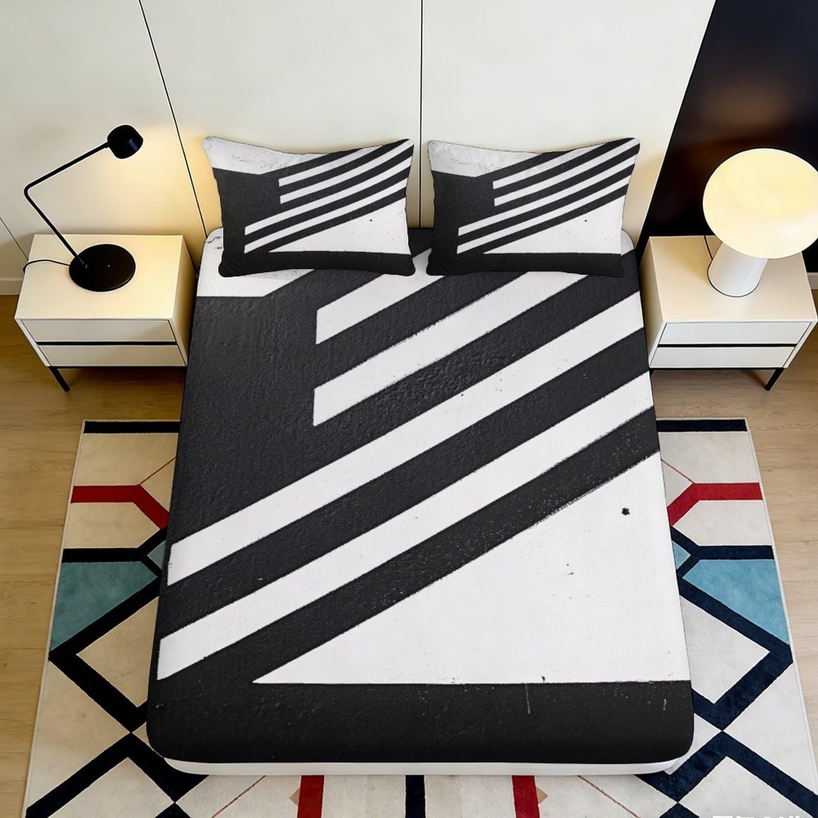 Dhbaneiok Style-7 3D Printed Monochrome Stripe Fitted Sheet Microfiber Soft Black White Geometric Bed Cover Anti-Slip Bedroom Dorm Mattress Protector 90X200x25cm