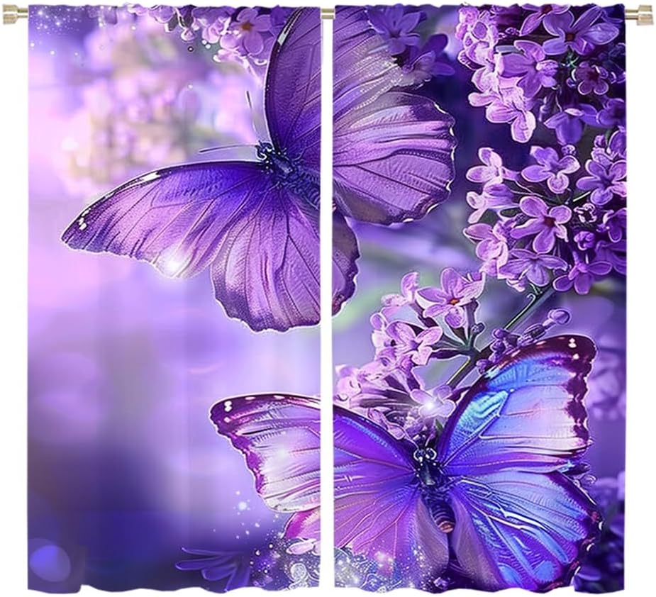 Brebasf Watercolor Purple Butterflies Blackout Curtain Fantasy Butterflies Fly Rustic Flowers Purple Butterfly Rod Pocket Window Insulating Drapes Decor for Bedroom Curtains 2 Panels 63" L x 31.5" W