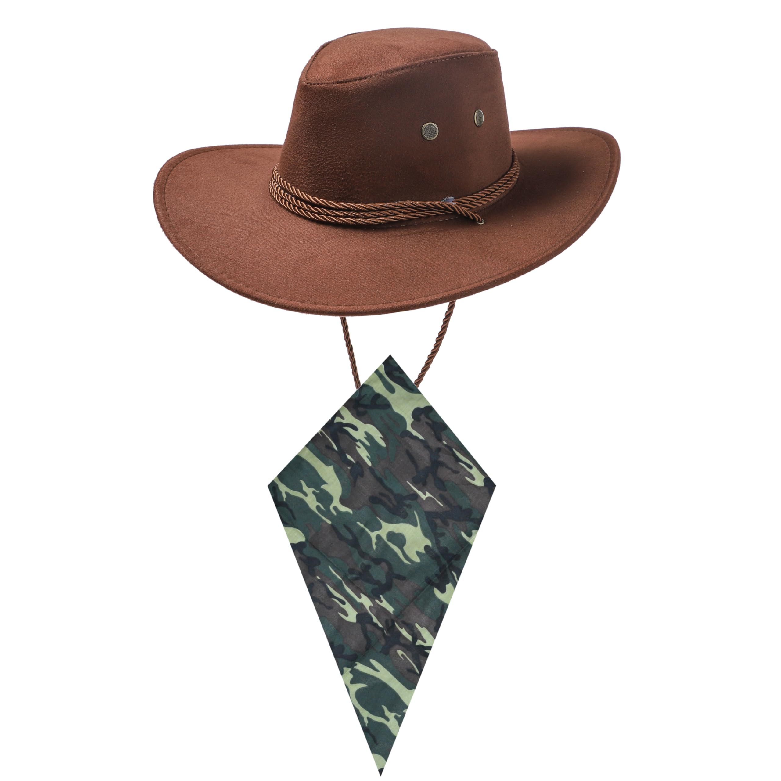 Dark Brown Cowboy Hat and Camo Bandana Western Sun Cap Faux Felt Leather Suede Fancy Dress Party Costume Outfit Neckscarf Sun Protection Mens Womens โ image 1