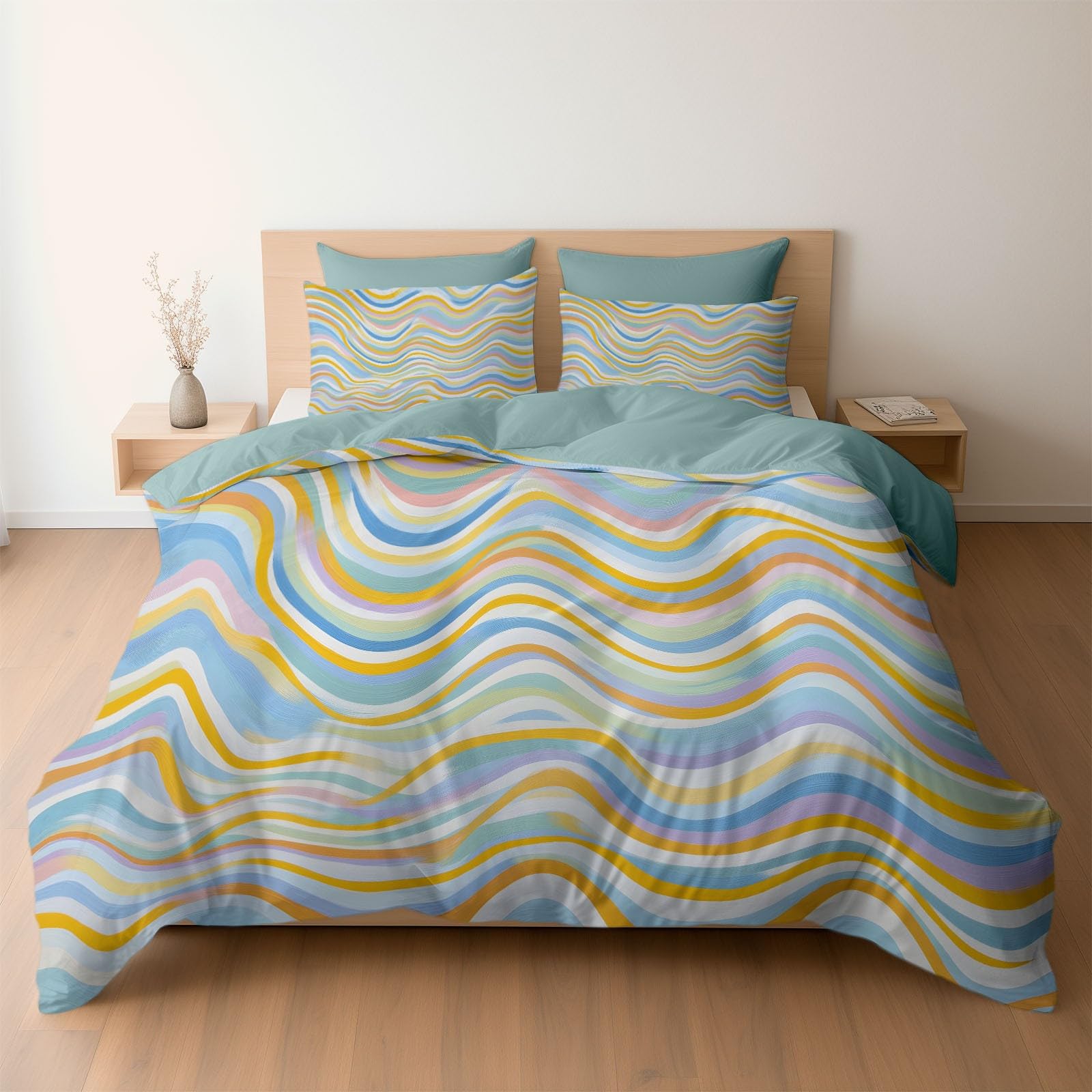 Pop Art Stil 3-teiliges Bettwäsche-Set, Minze 1 Bettbezug 200 x 200 cm und 2 Kissenbezüge 80 x 80 cm, Bunte WellenlinienWeiche Mikrofaser, Reißverschluss, Ganzjahres