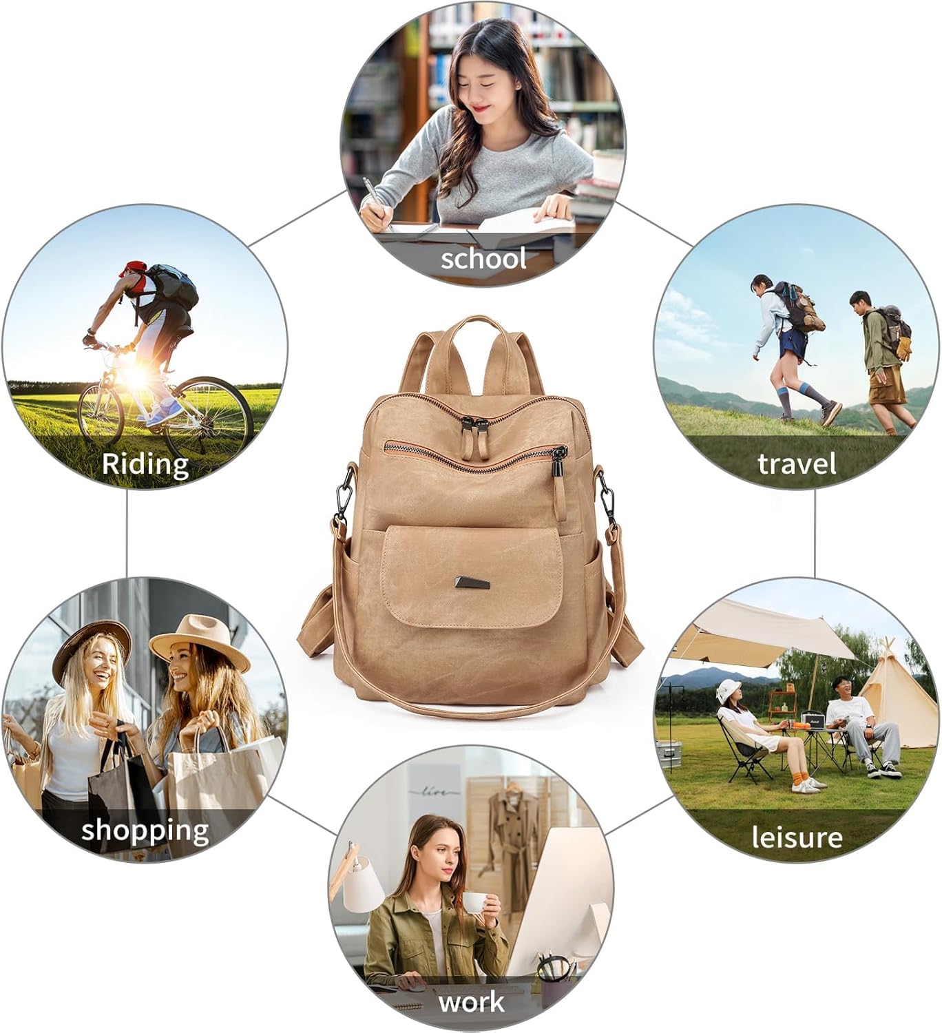 Backpack Purse for Women, PU Leather Backpack Purse, Fashion Travel Anti Theft Backpack, Multipurpose Lightweight Waterproof Convertible Purse Shoulder Bag Handbag, Kakhi