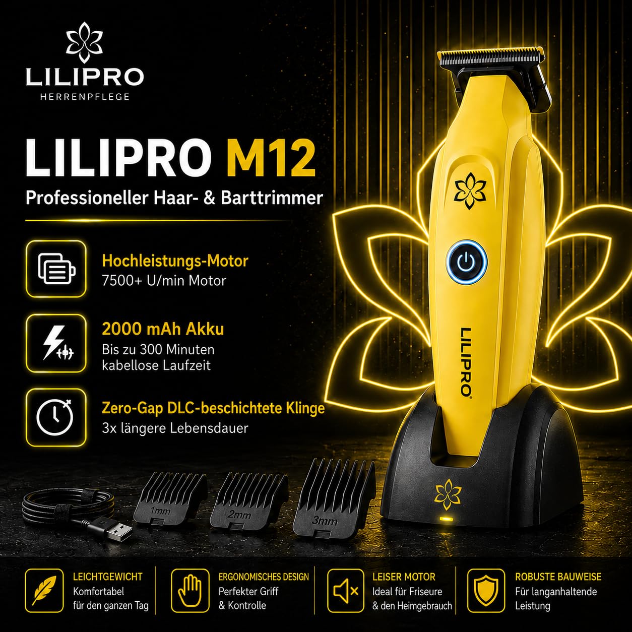M12 Tagliacapelli Professionale Uomo e Regolabarba | Trimmer Professionale Capelli e Barba con Lama T DLC Zero Gap, 7500+ RPM, Ricarica USB-C, Batteria 2000 mAh, Silenzioso e Preciso