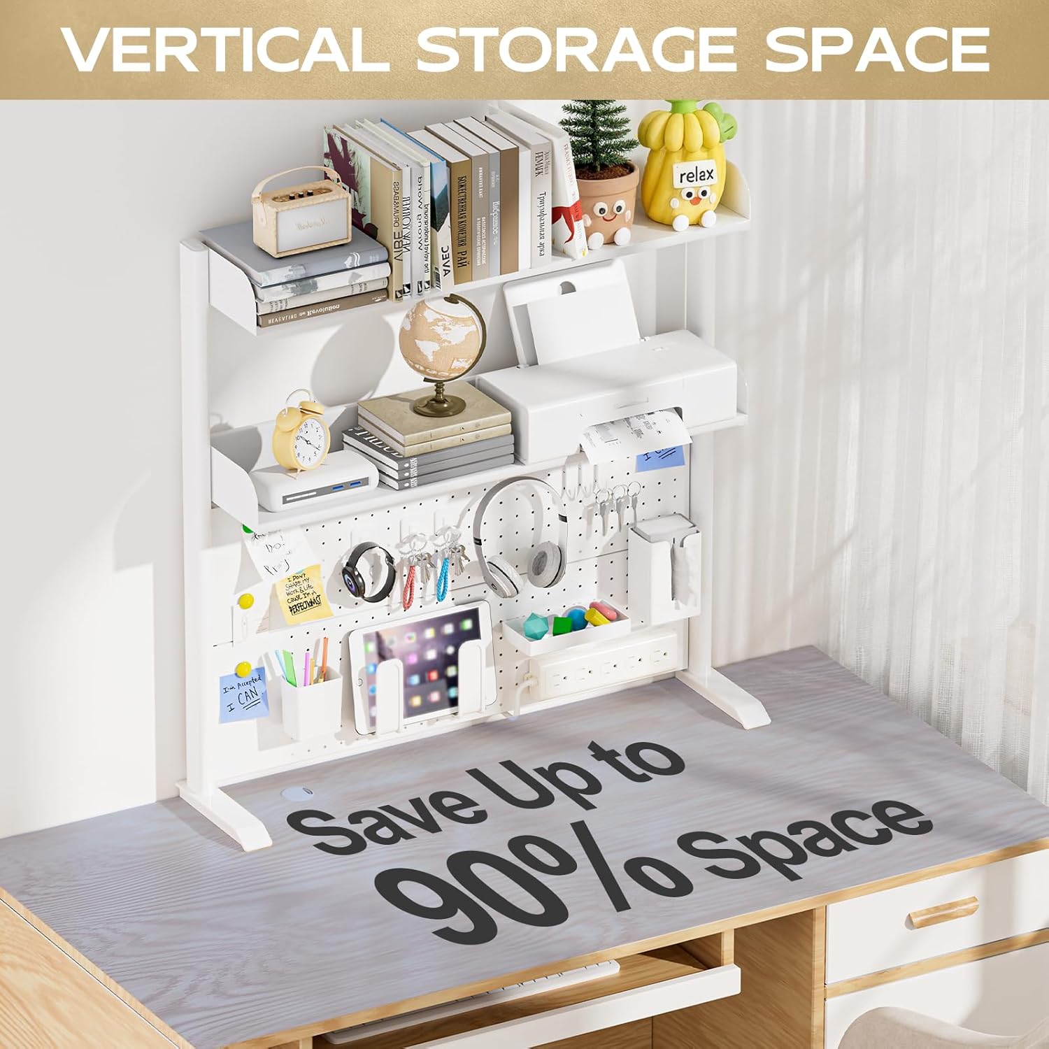 Adjustable Desktop Hutch Bookshelf, Desk Shelf Organizer with Pegboard and Thickened Metal Frame, 2 Tier Display Rack, Countertop Storage, Wood Bookcase for Home, Dorm or Office, White, 38.9" W