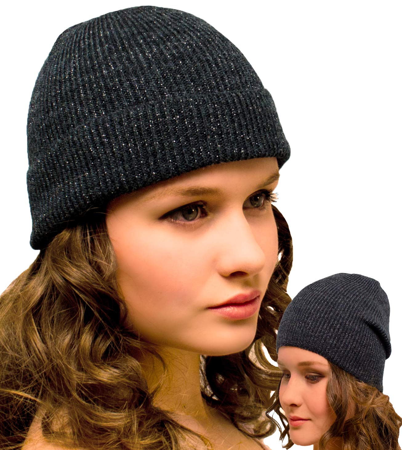 Entire Empire Women's Grey Beanie Sparkly Shiny Winter Hat - Woolly Hat For - Winter Hats With Shiny Glitter Metallic Sparkle Woman (Grey)