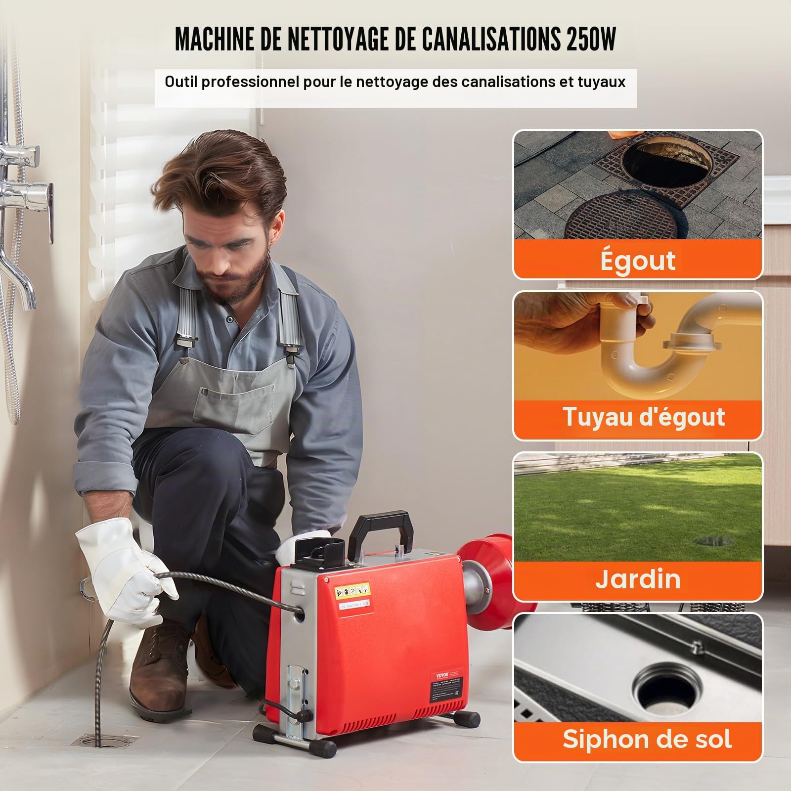 VEVOR Déboucheur Électrique Canalisation 20 m x 16 mm Machine Nettoyage Tuyaux Alimentation Manuelle 250 W, 7 Coupeurs, 2 Câbles Acier 20 m x 16 mm/4,6 m x 9,5 mm, Contrôle CW/CCW pour Tuyaux 4-10 cm